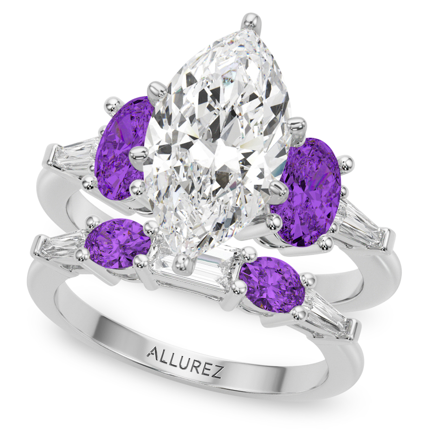 Marquise Lab Grown Diamond & Oval Amethyst Bridal Set 18K White Gold (4.65ct)