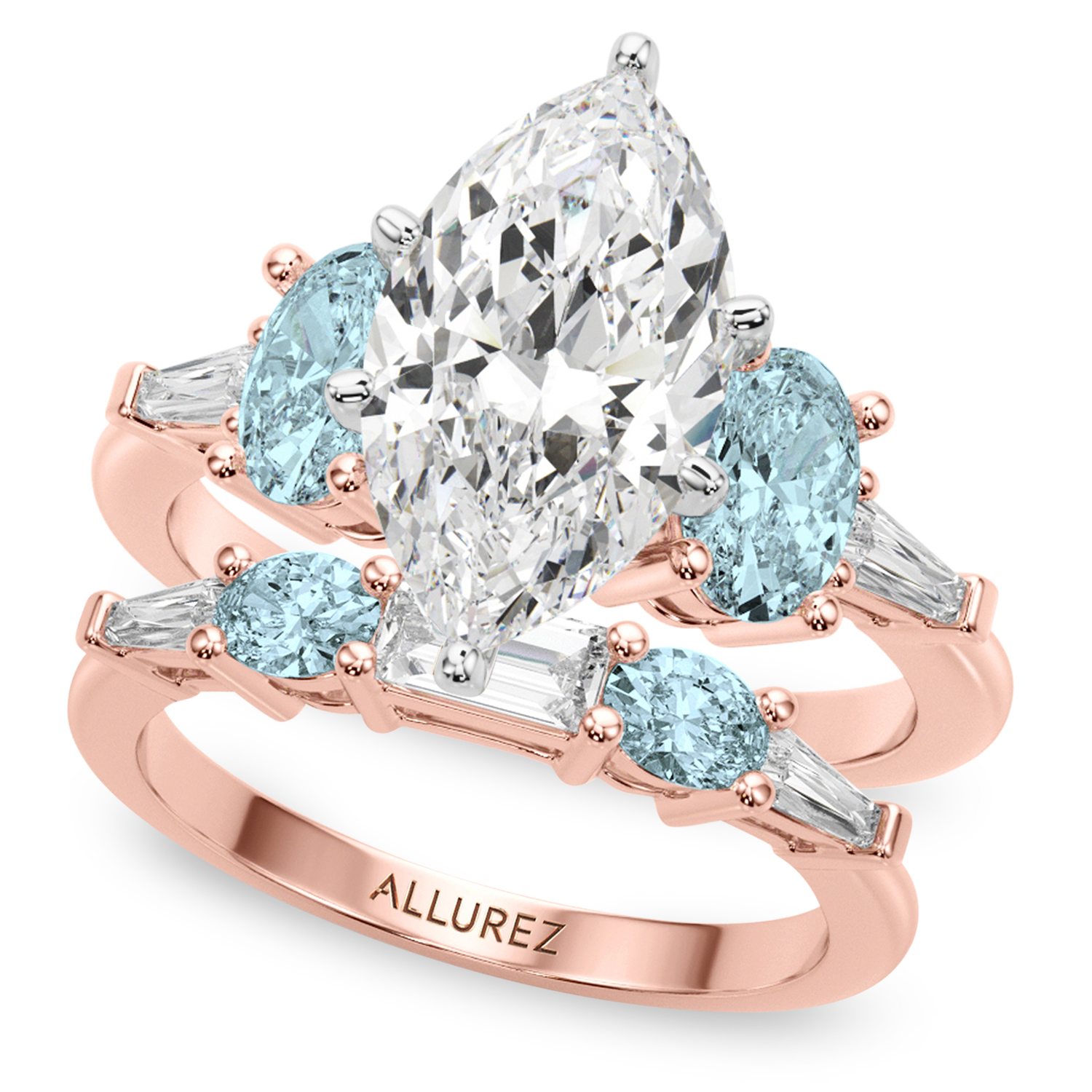 Marquise Lab Grown Diamond & Oval Aquamarine Bridal Set 18K Rose Gold (4.65ct)