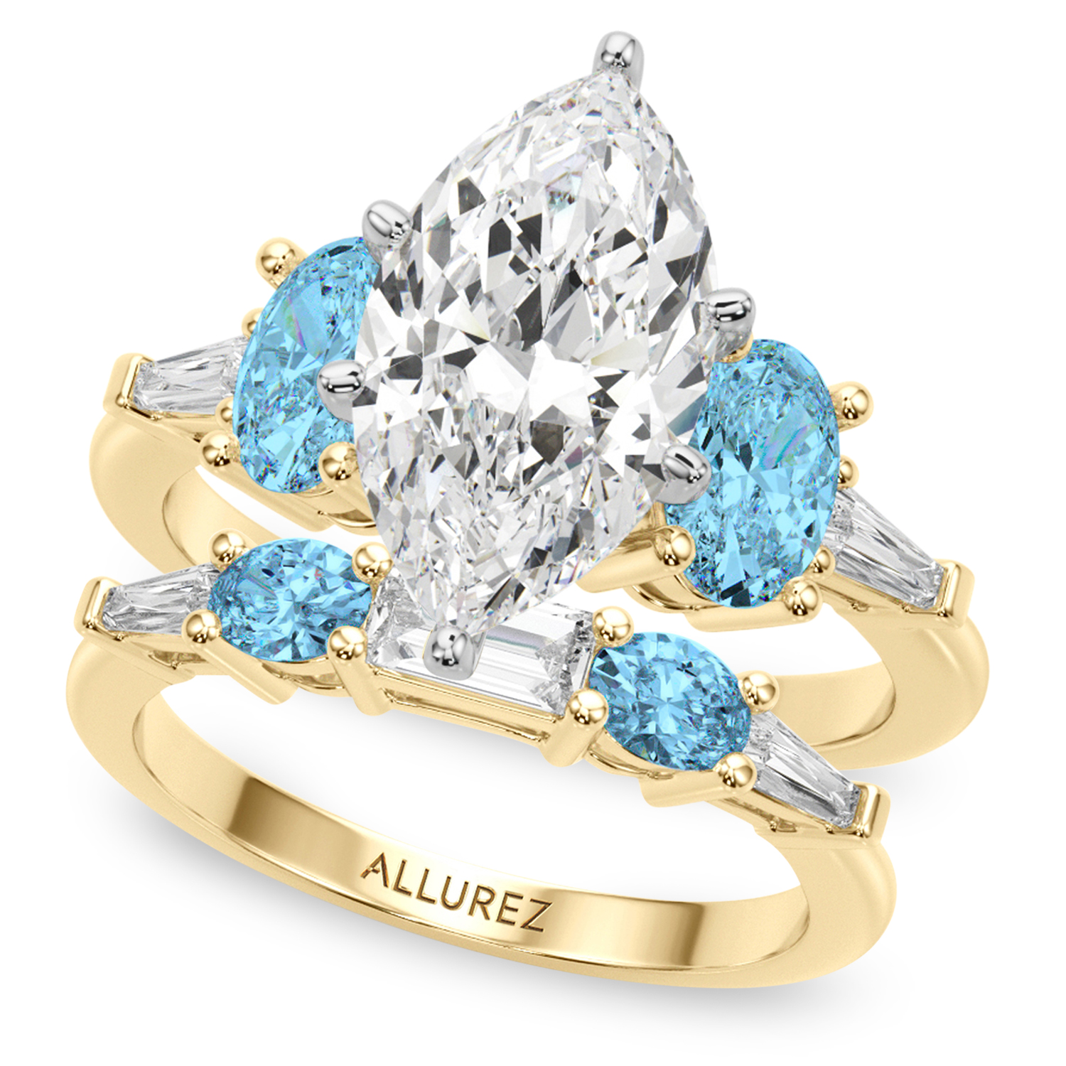 Marquise Lab Grown Diamond & Oval Blue Topaz Bridal Set 18K Yellow Gold (4.97ct)