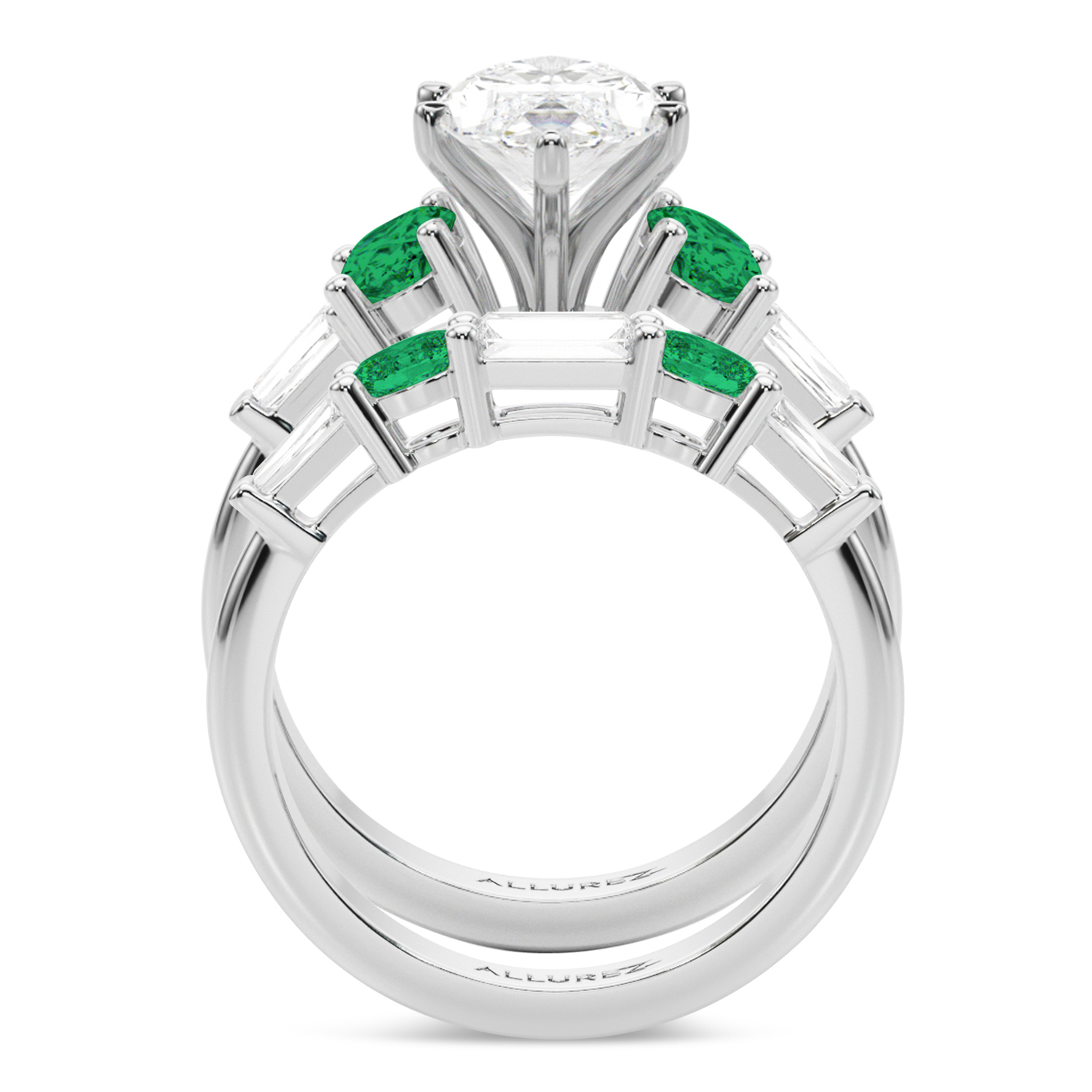 Marquise Lab Grown Diamond & Oval Emerald Bridal Set 14K White Gold (4.65ct)