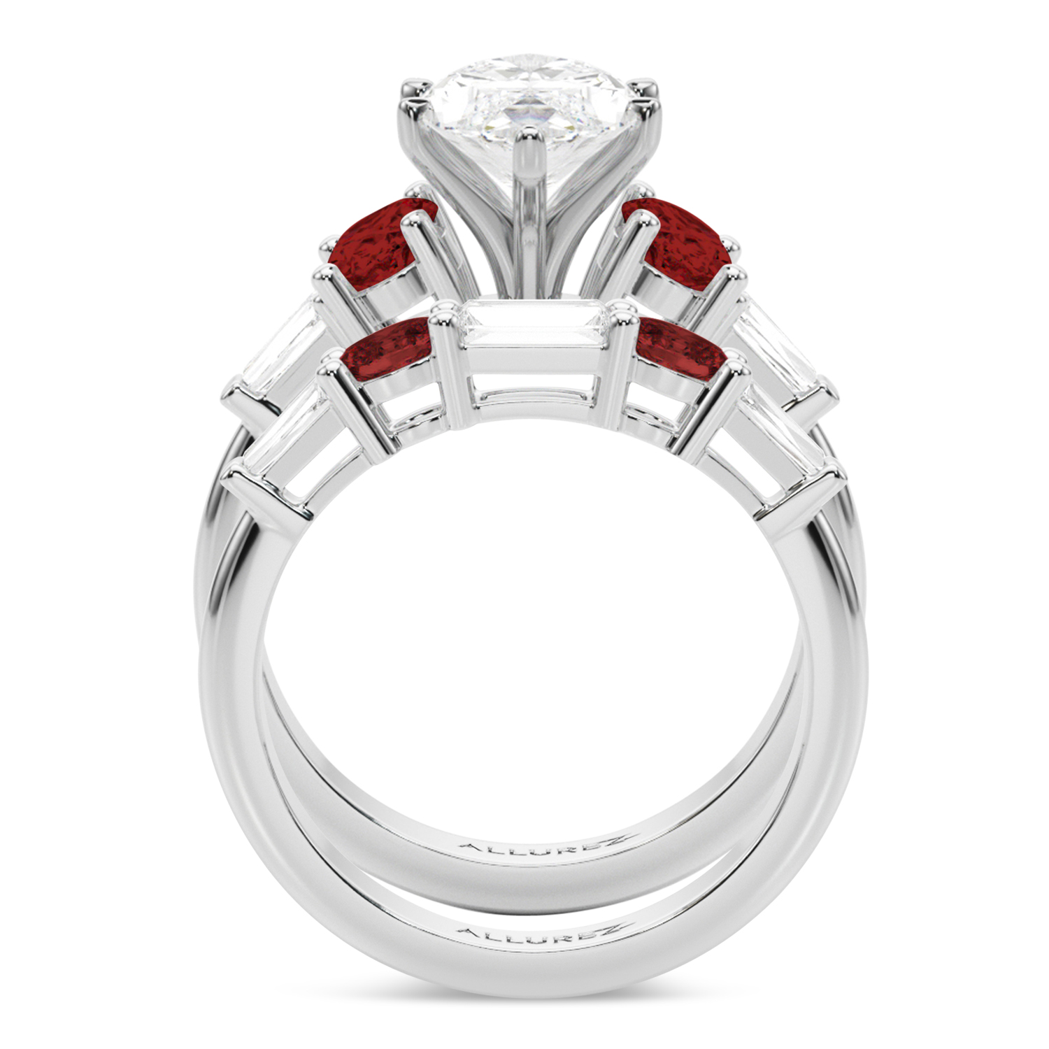 Marquise Lab Grown Diamond & Oval Garnet Bridal Set 14K White Gold (4.97ct)