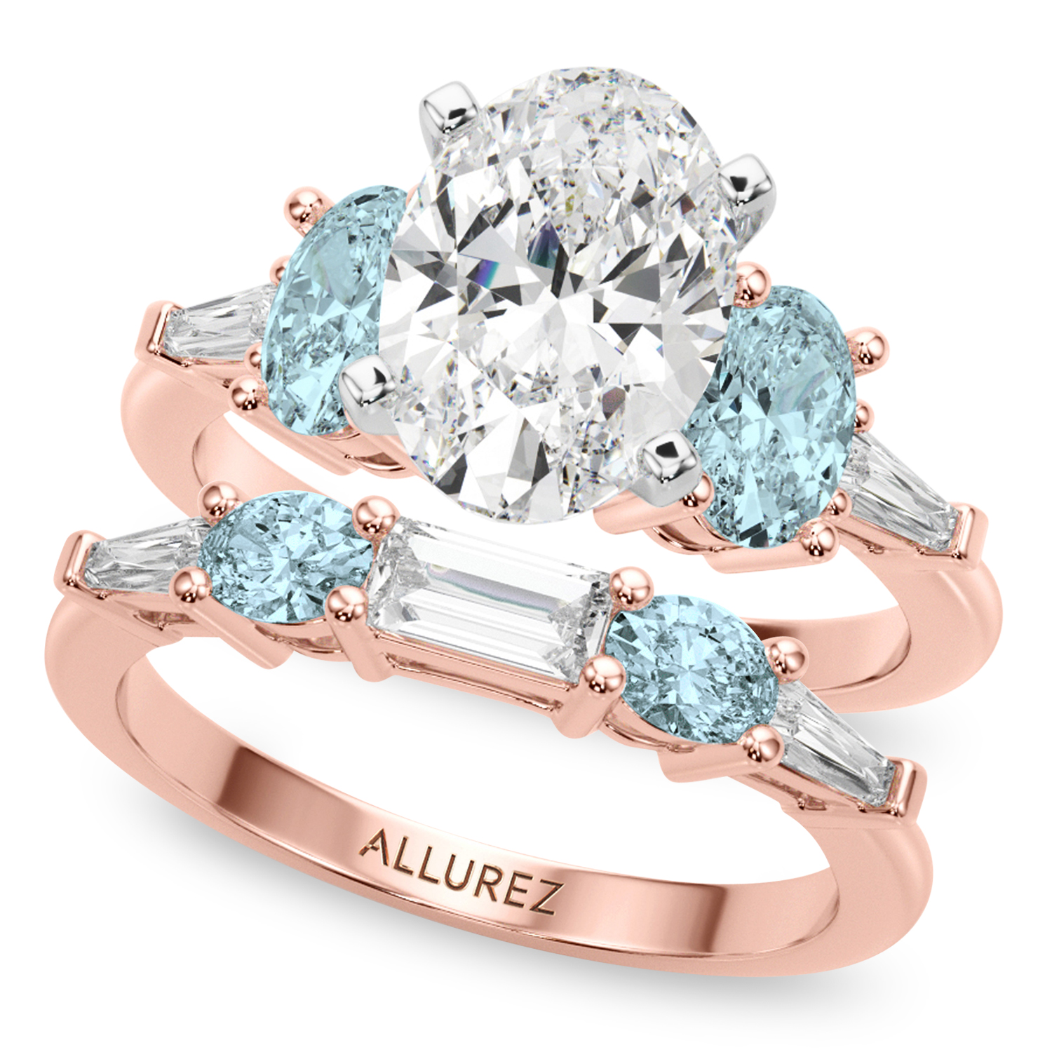 Oval Lab Grown Diamond & Aquamarine Bridal Set 18K Rose Gold (4.65ct)
