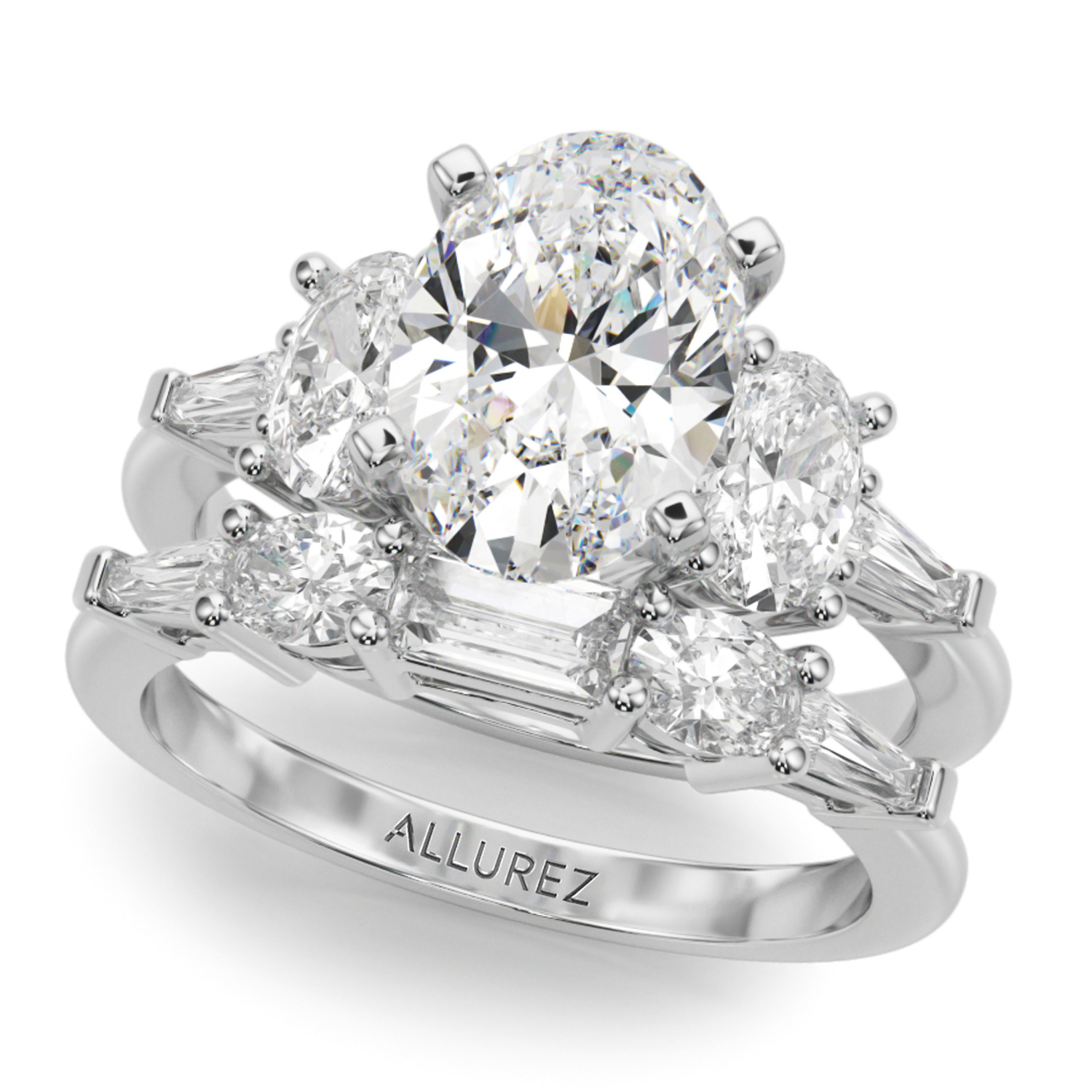 Oval Moissanite Diamond Engagement Ring Bridal Set in Palladium (4.93ct)