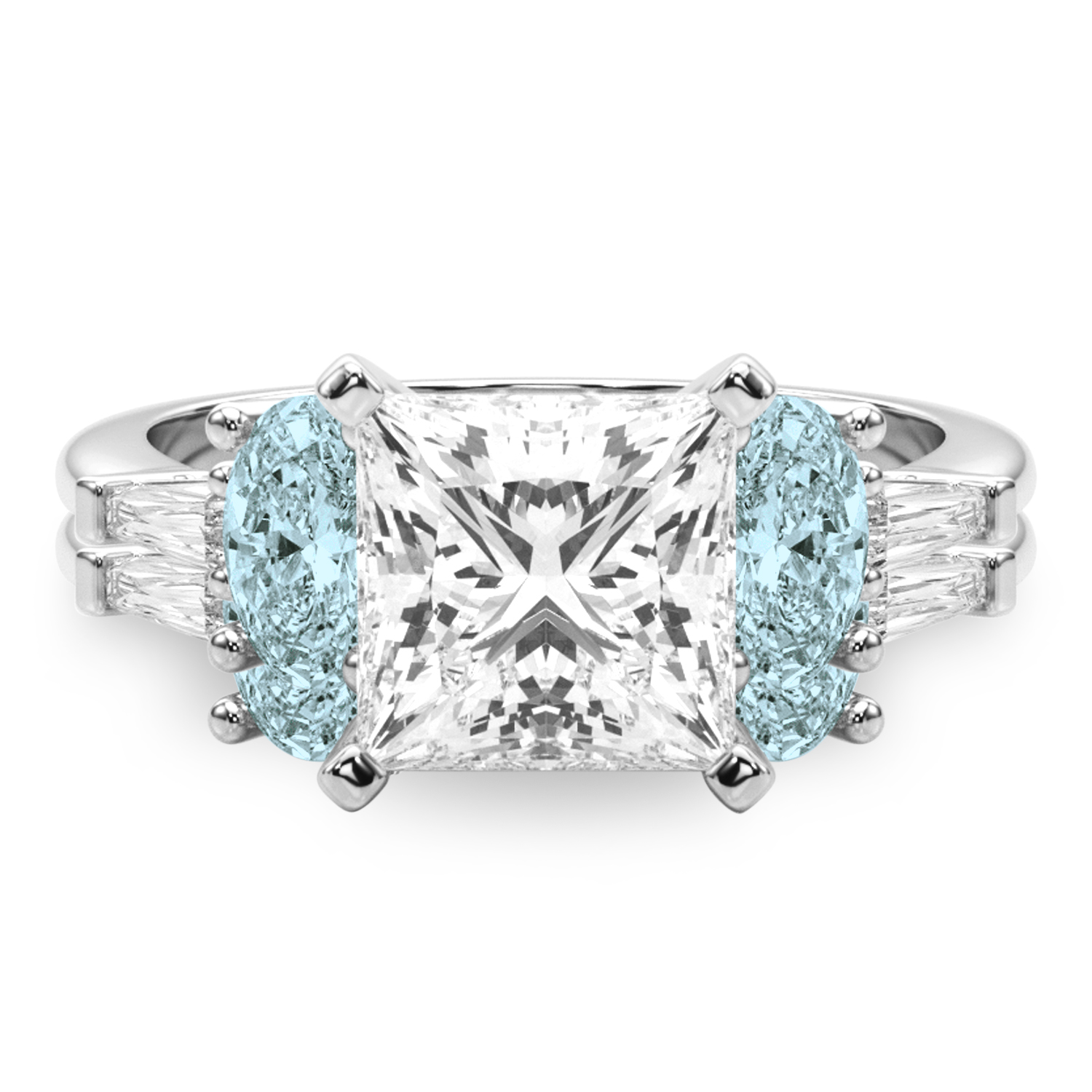 Princess Cut Lab Grown Diamond & Oval Aquamarine Bridal Set 14K White Gold (4.65ct)