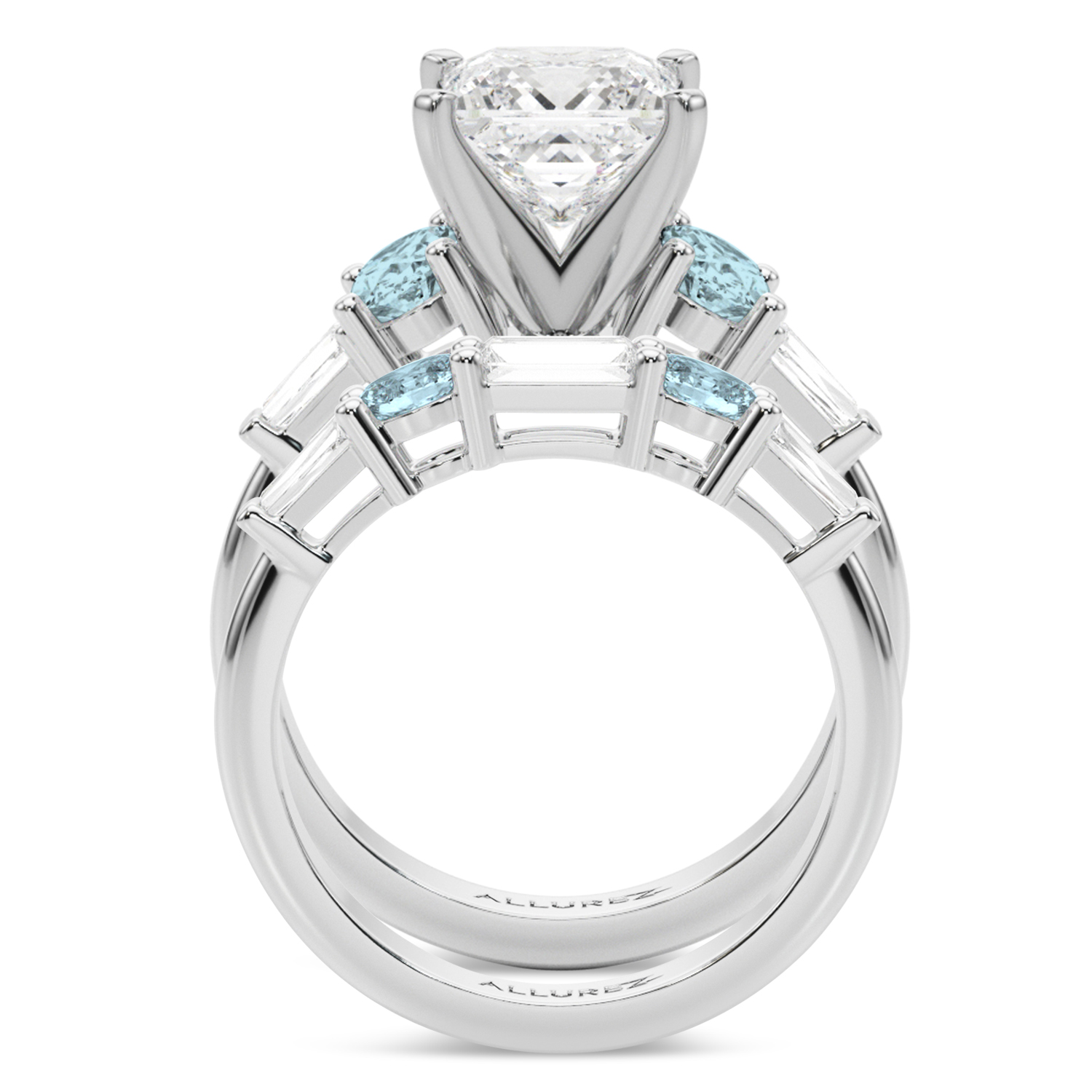 Princess Cut Lab Grown Diamond & Oval Aquamarine Bridal Set 14K White Gold (4.65ct)