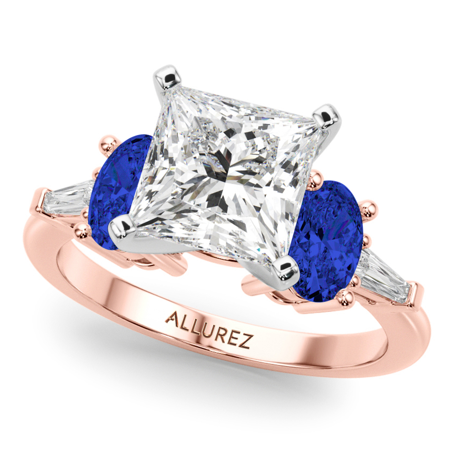 Princess Cut Lab Grown Diamond & Oval Blue Sapphire Bridal Set 14K Rose Gold (5.17ct)