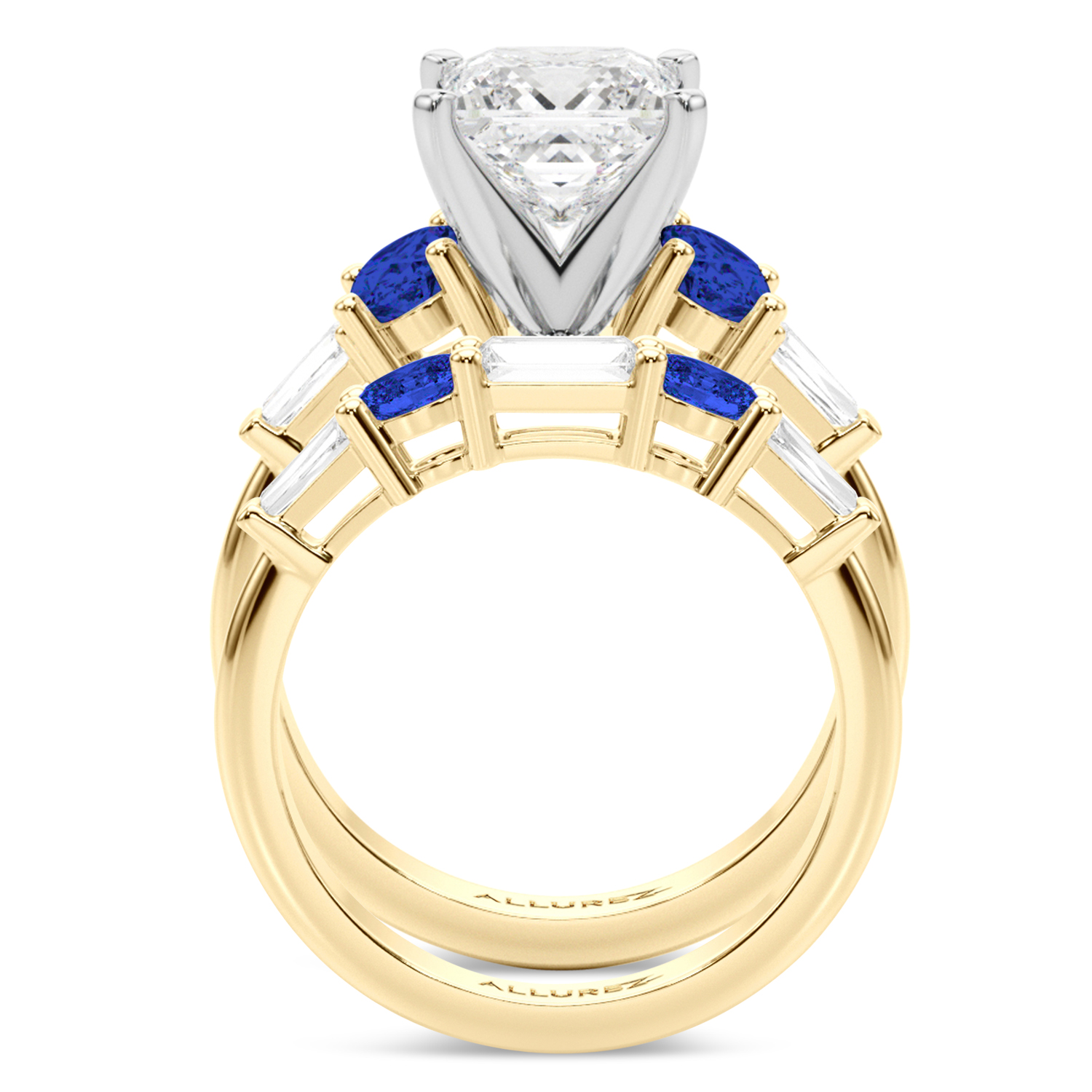 Princess Cut Lab Grown Diamond & Oval Blue Sapphire Bridal Set 14K Yellow Gold (5.17ct)