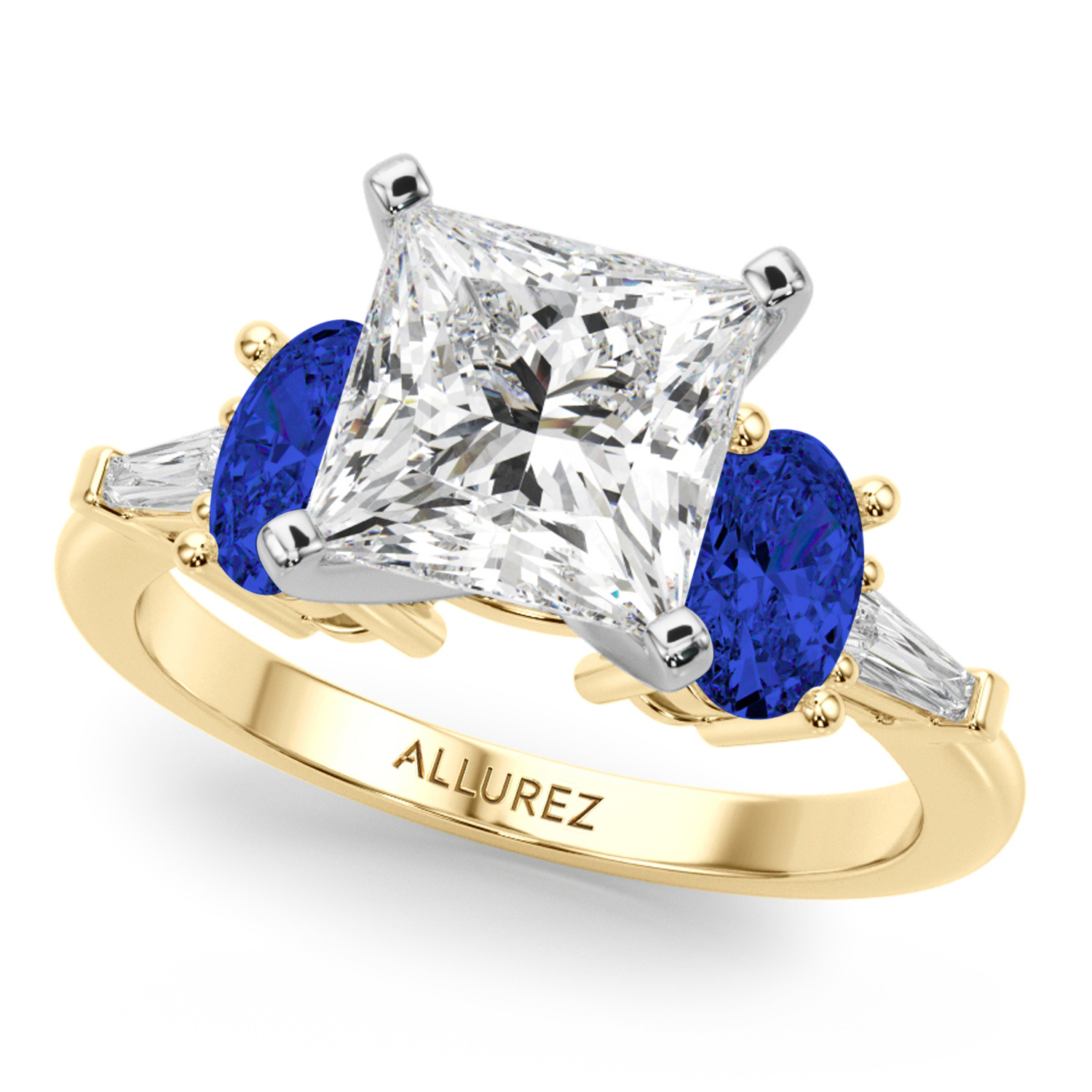 Princess Cut Lab Grown Diamond & Oval Blue Sapphire Bridal Set 14K Yellow Gold (5.17ct)