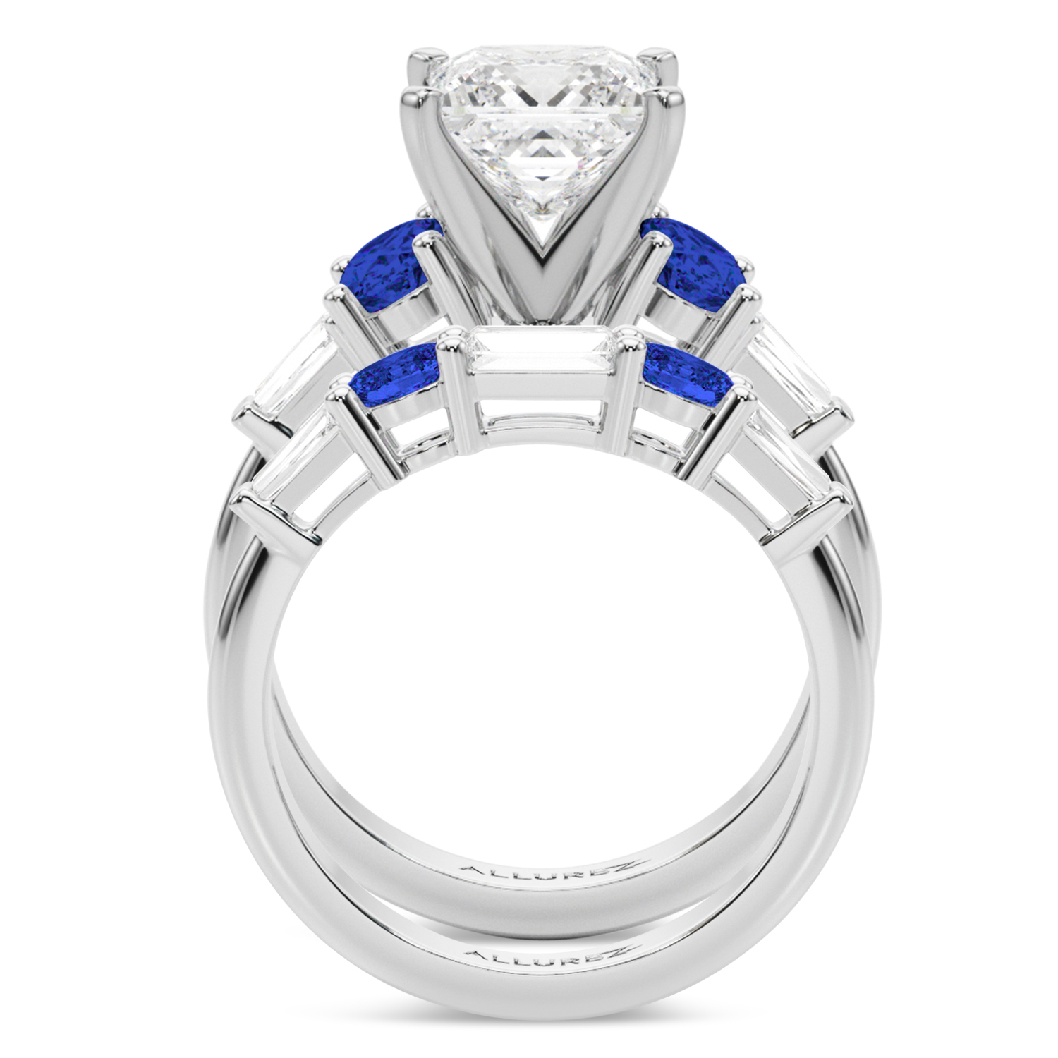Princess Cut Lab Grown Diamond & Oval Blue Sapphire Bridal Set 18K White Gold (5.17ct)