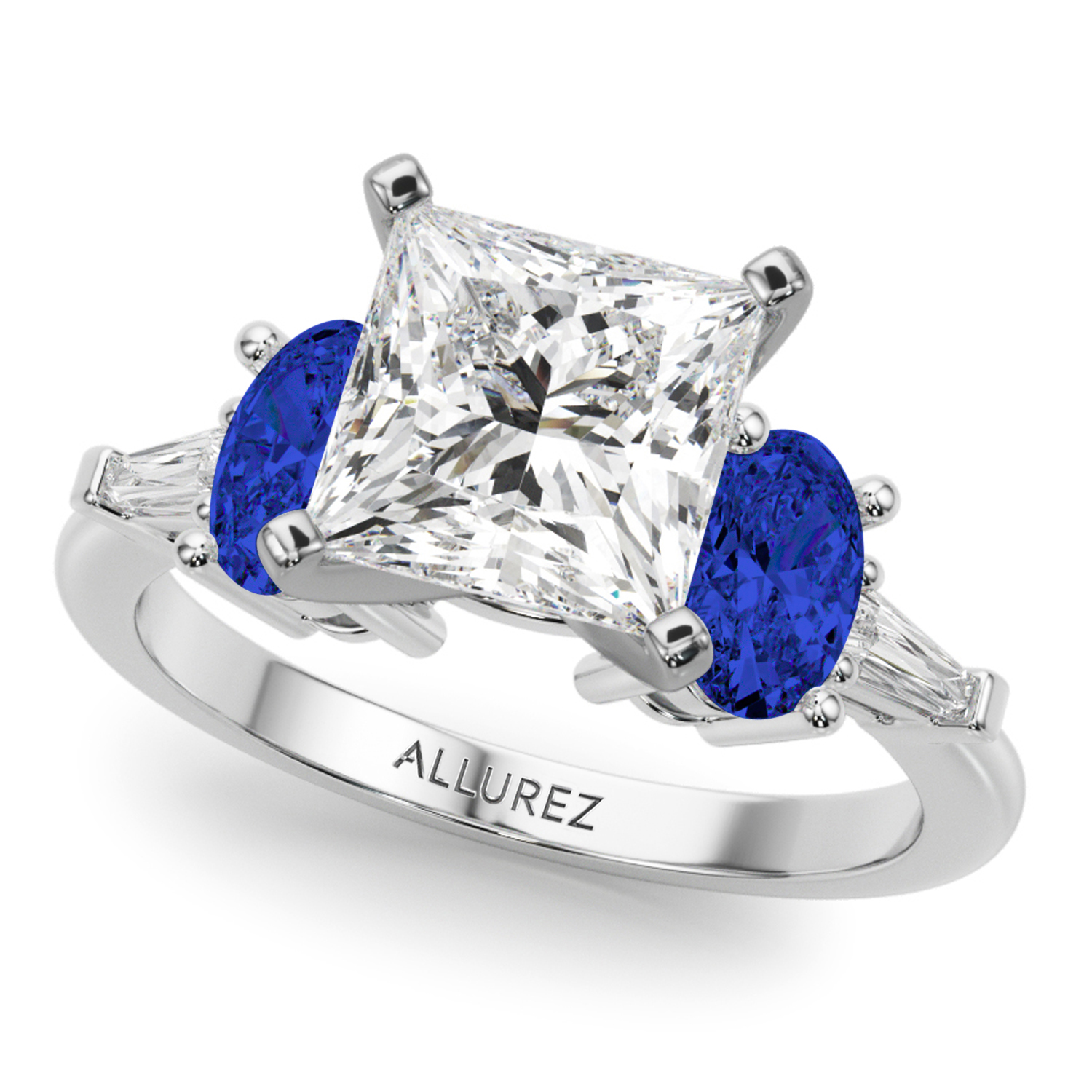 Princess Cut Lab Grown Diamond & Oval Blue Sapphire Bridal Set 18K White Gold (5.17ct)