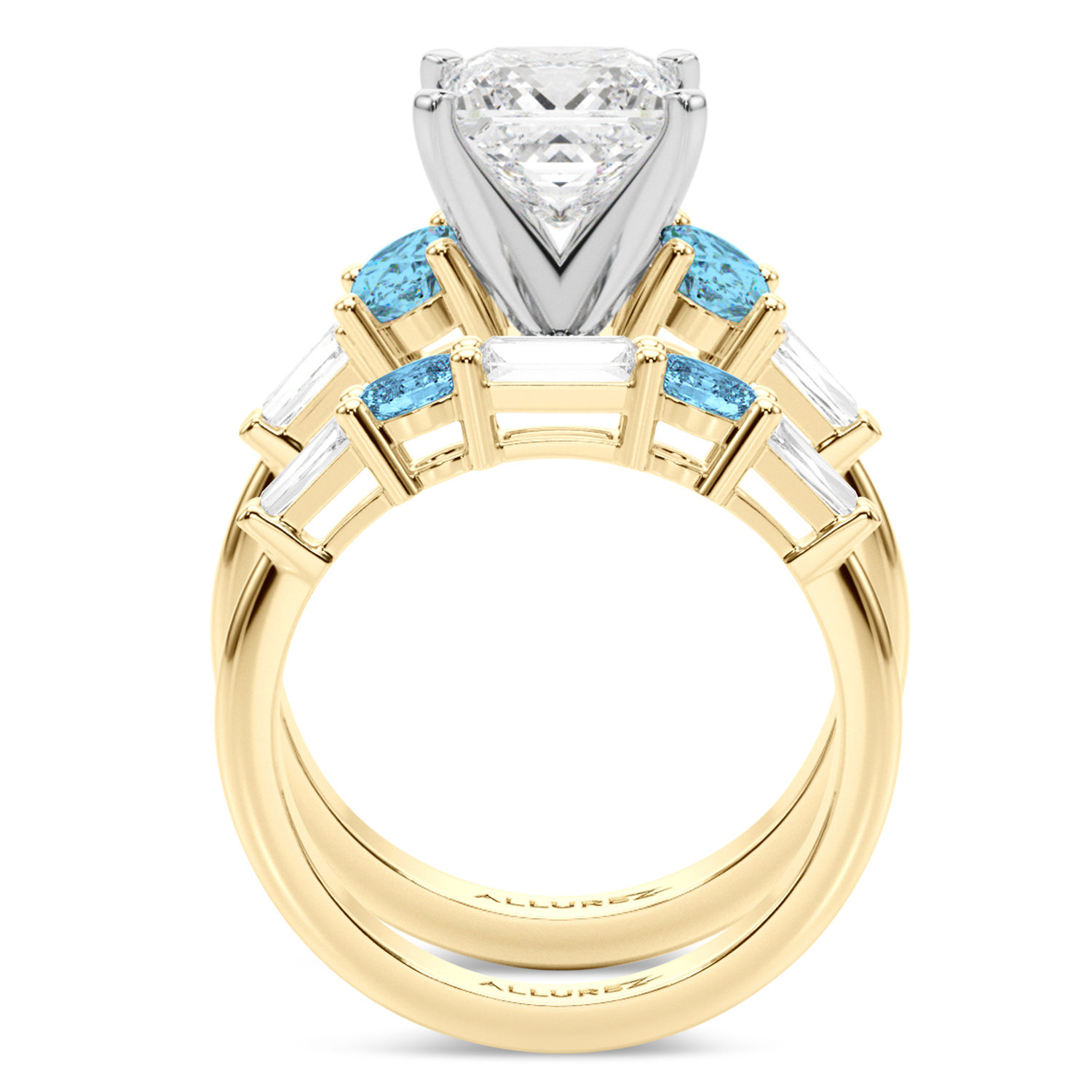 Princess Cut Lab Grown Diamond & Oval Blue Topaz Bridal Set 14K Yellow Gold (4.97ct)