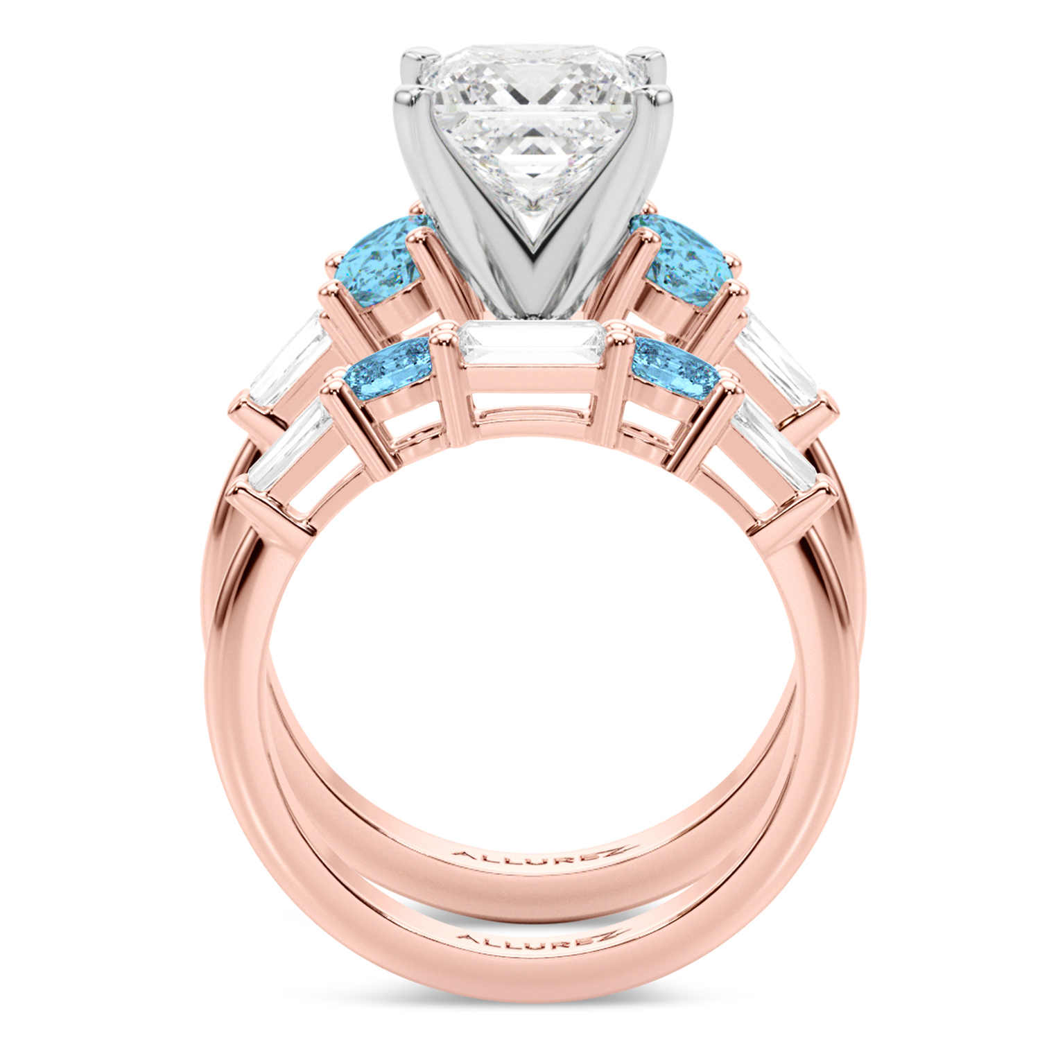 Princess Cut Lab Grown Diamond & Oval Blue Topaz Bridal Set 18K Rose Gold (4.97ct)