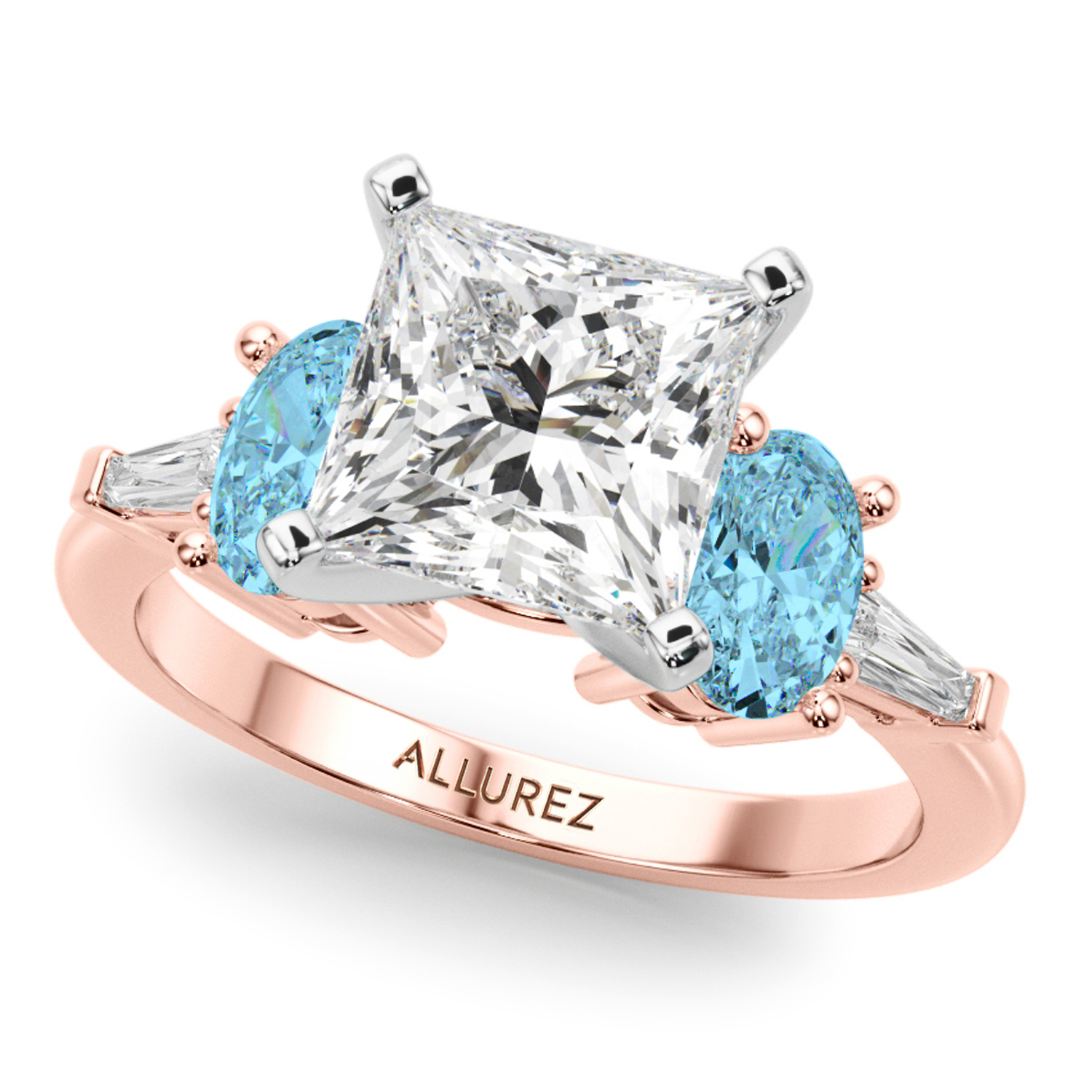 Princess Cut Lab Grown Diamond & Oval Blue Topaz Bridal Set 18K Rose Gold (4.97ct)