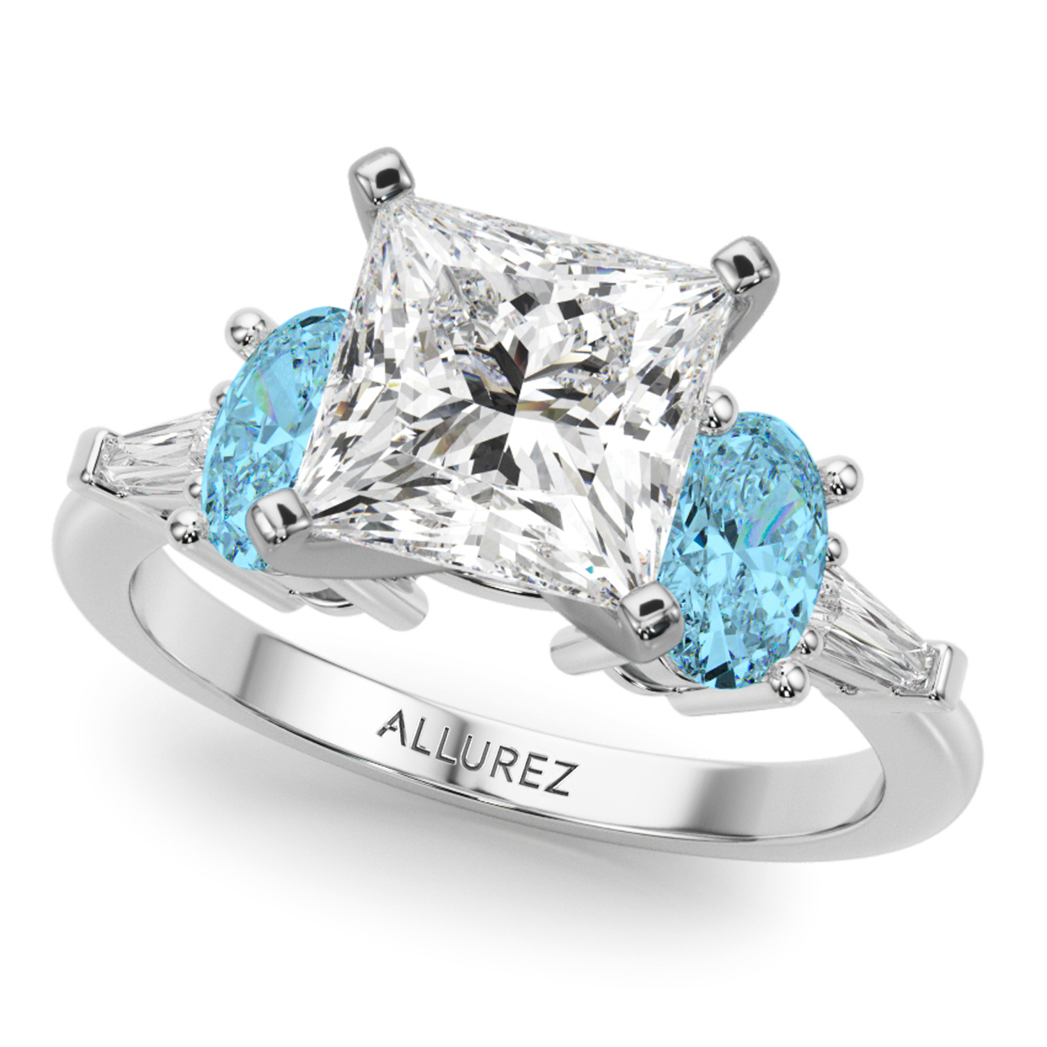 Princess Cut Lab Grown Diamond & Oval Blue Topaz Bridal Set 18K White Gold (4.97ct)