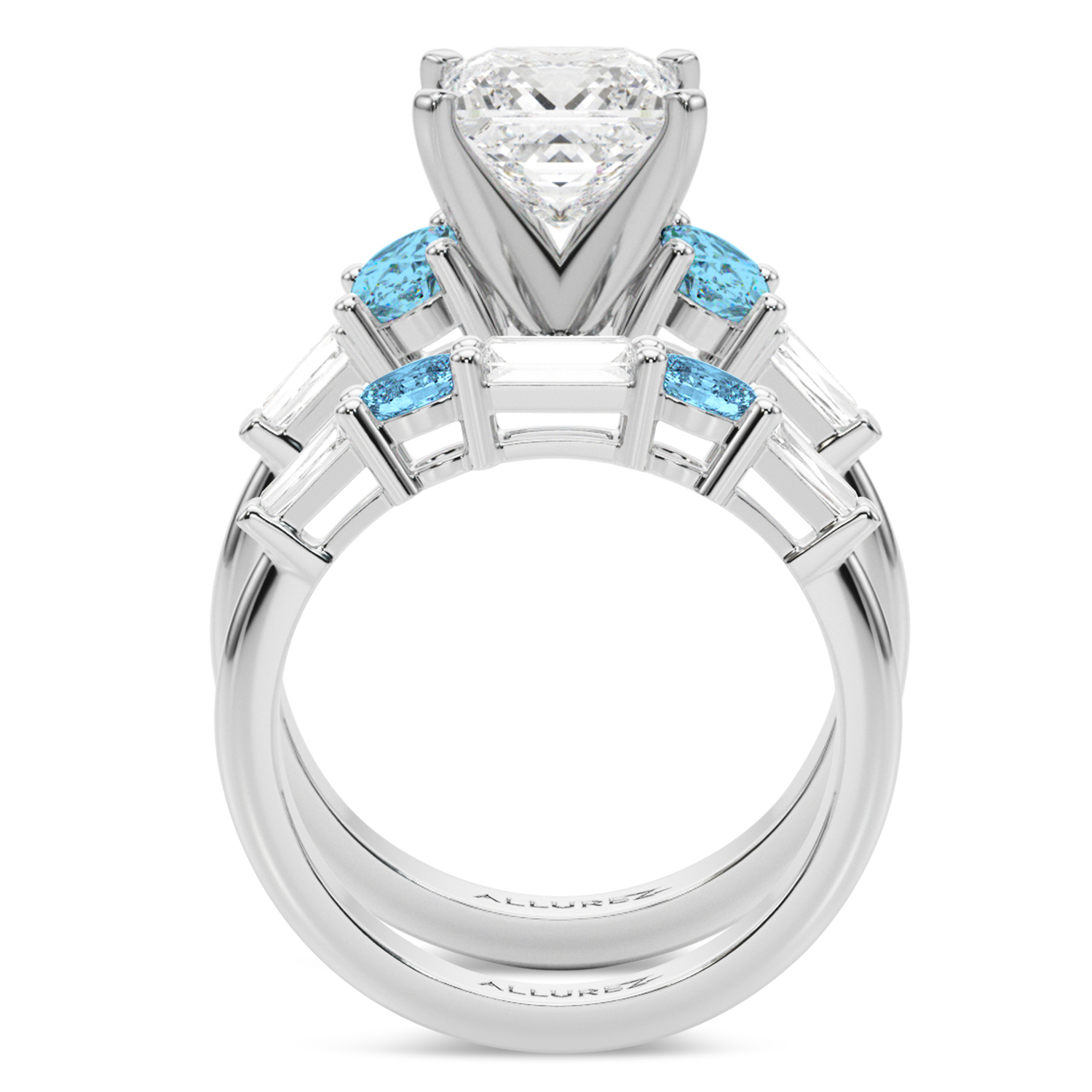 Princess Cut Lab Grown Diamond & Oval Blue Topaz Bridal Set in Palladium (4.97ct)