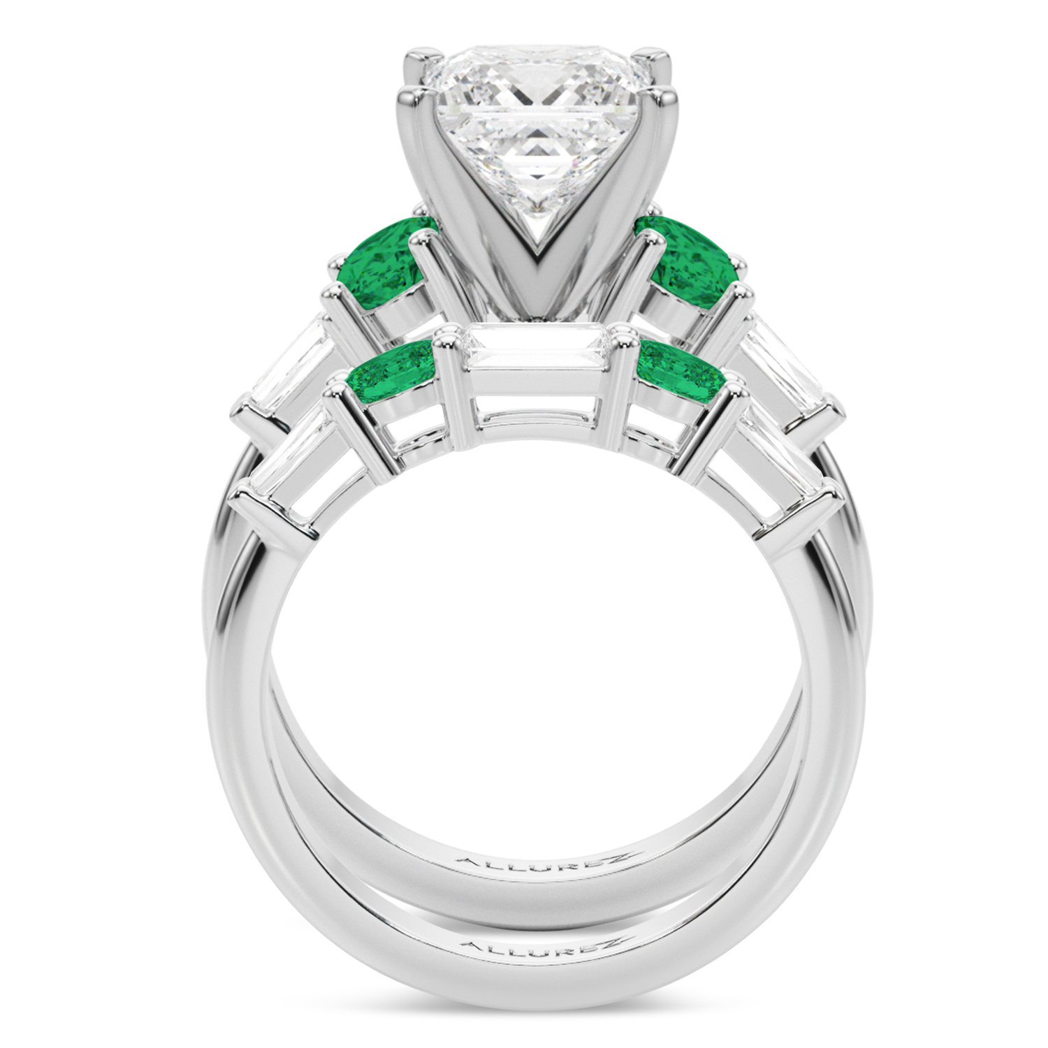 Princess Cut Lab Grown Diamond & Oval Emerald Bridal Set 14K White Gold (4.65ct)