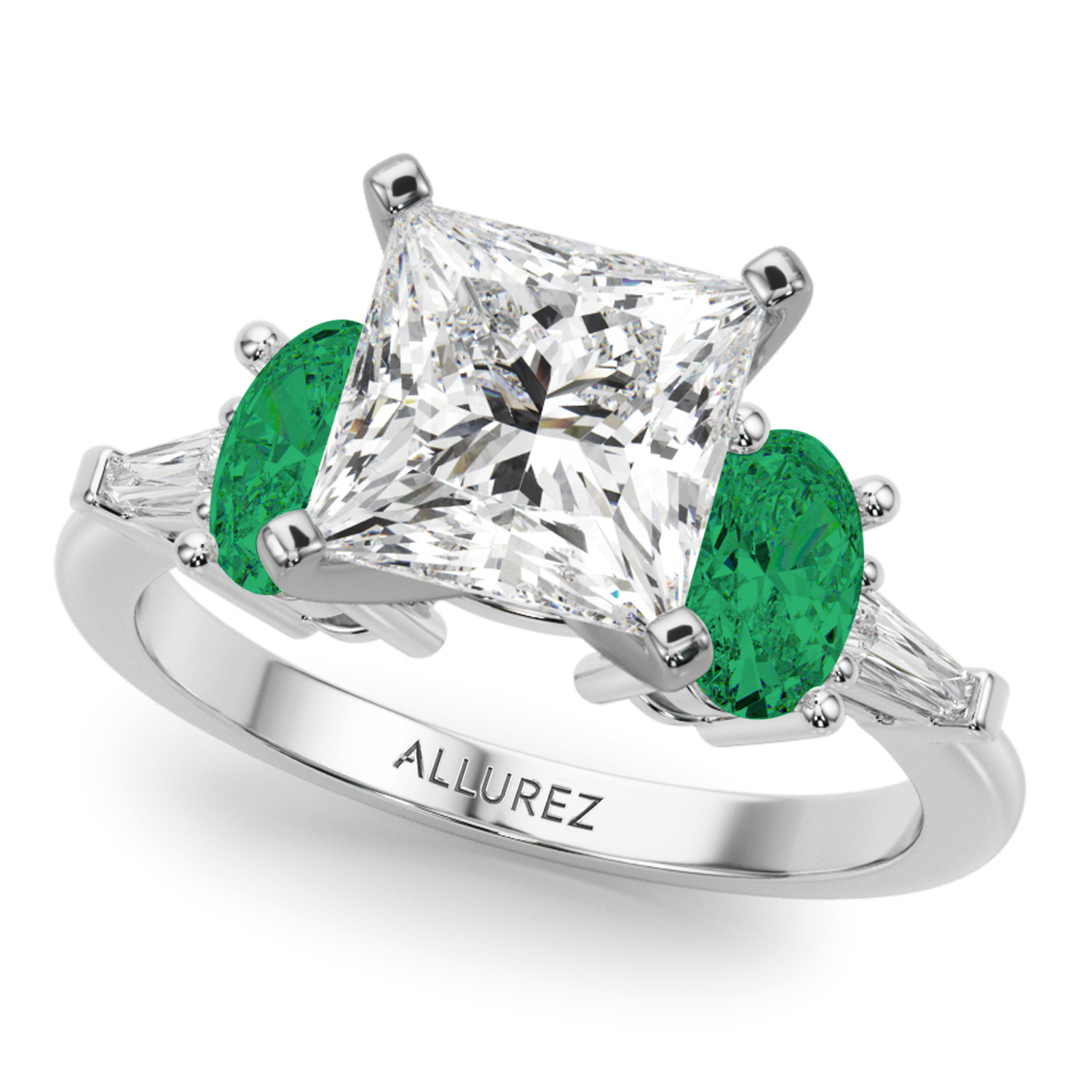 Princess Cut Lab Grown Diamond & Oval Emerald Bridal Set 14K White Gold (4.65ct)