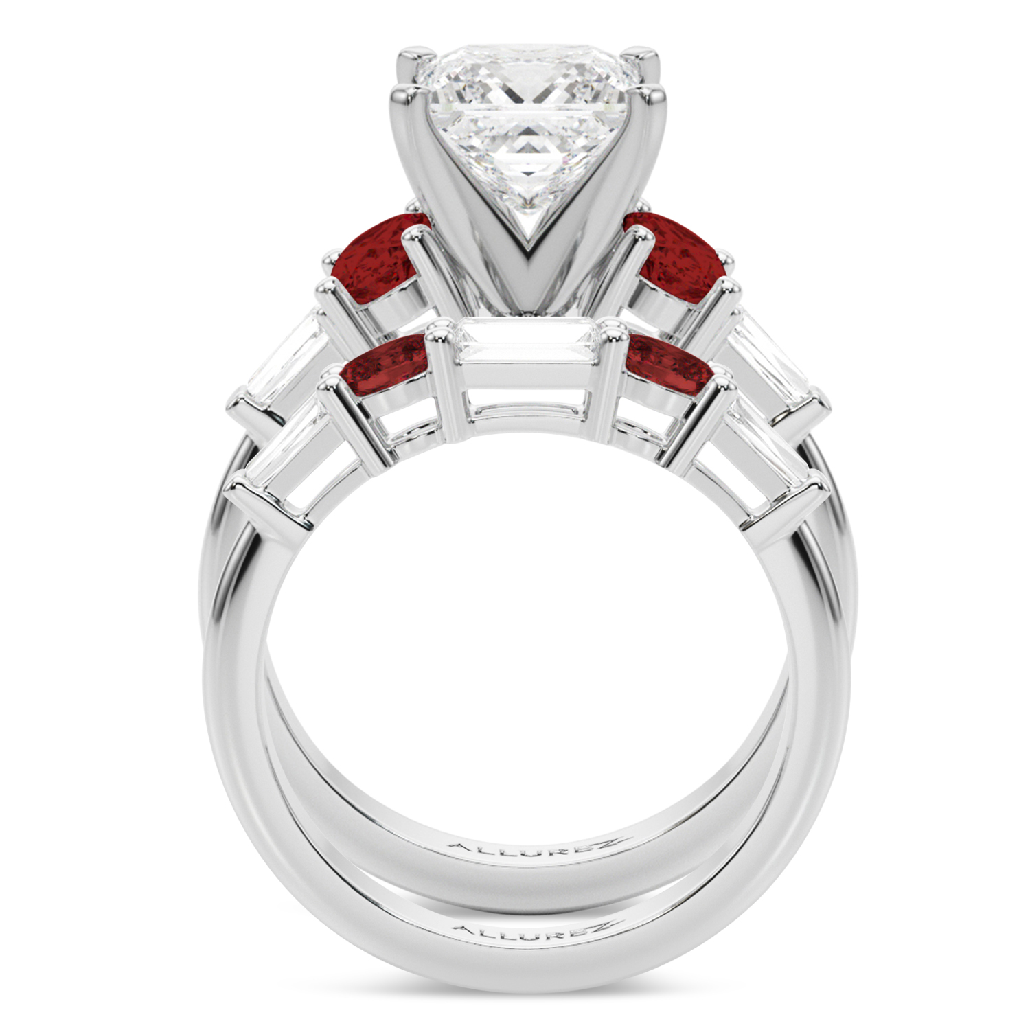 Princess Cut Lab Grown Diamond & Oval Garnet Bridal Set 14K White Gold (4.97ct)