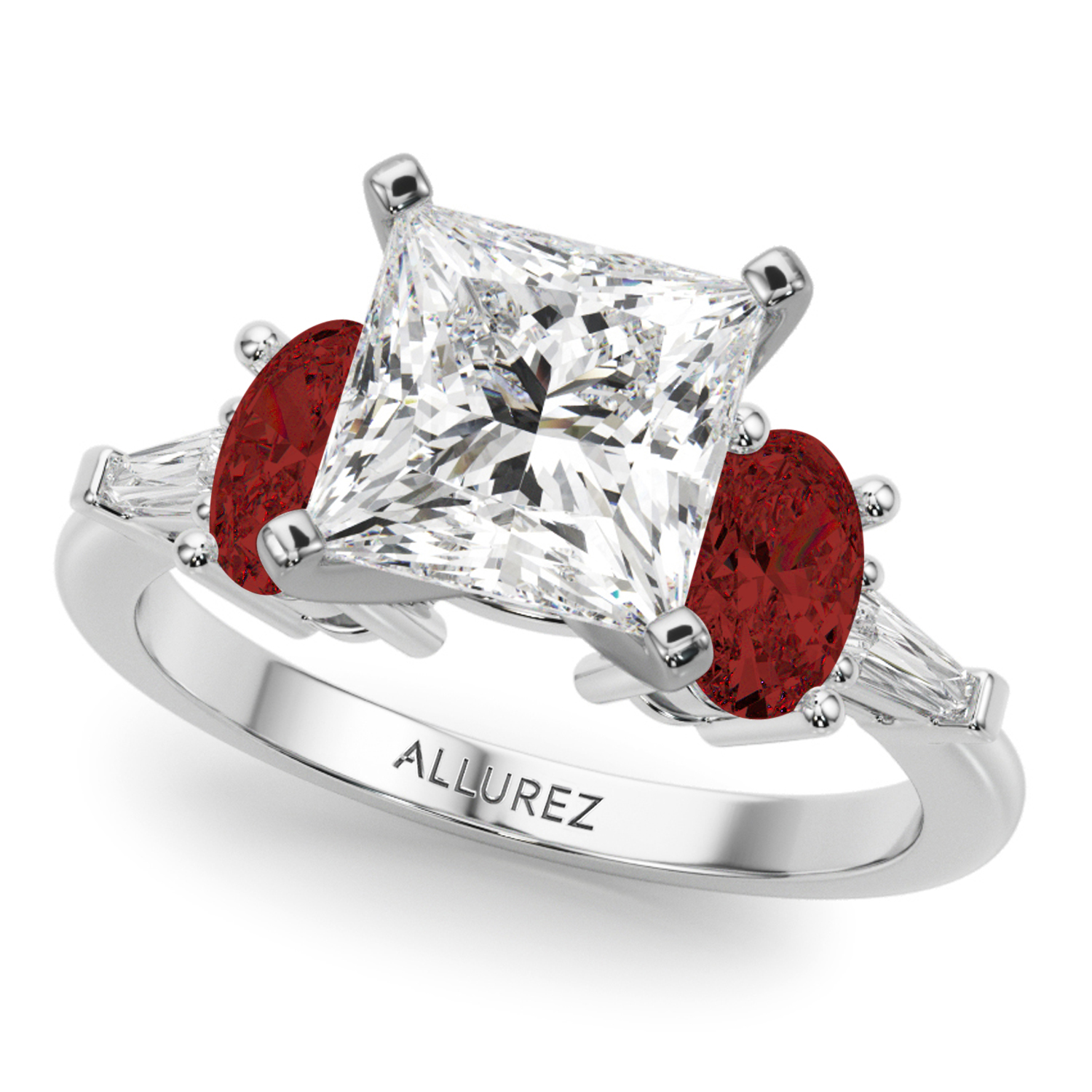 Princess Cut Lab Grown Diamond & Oval Garnet Bridal Set 14K White Gold (4.97ct)