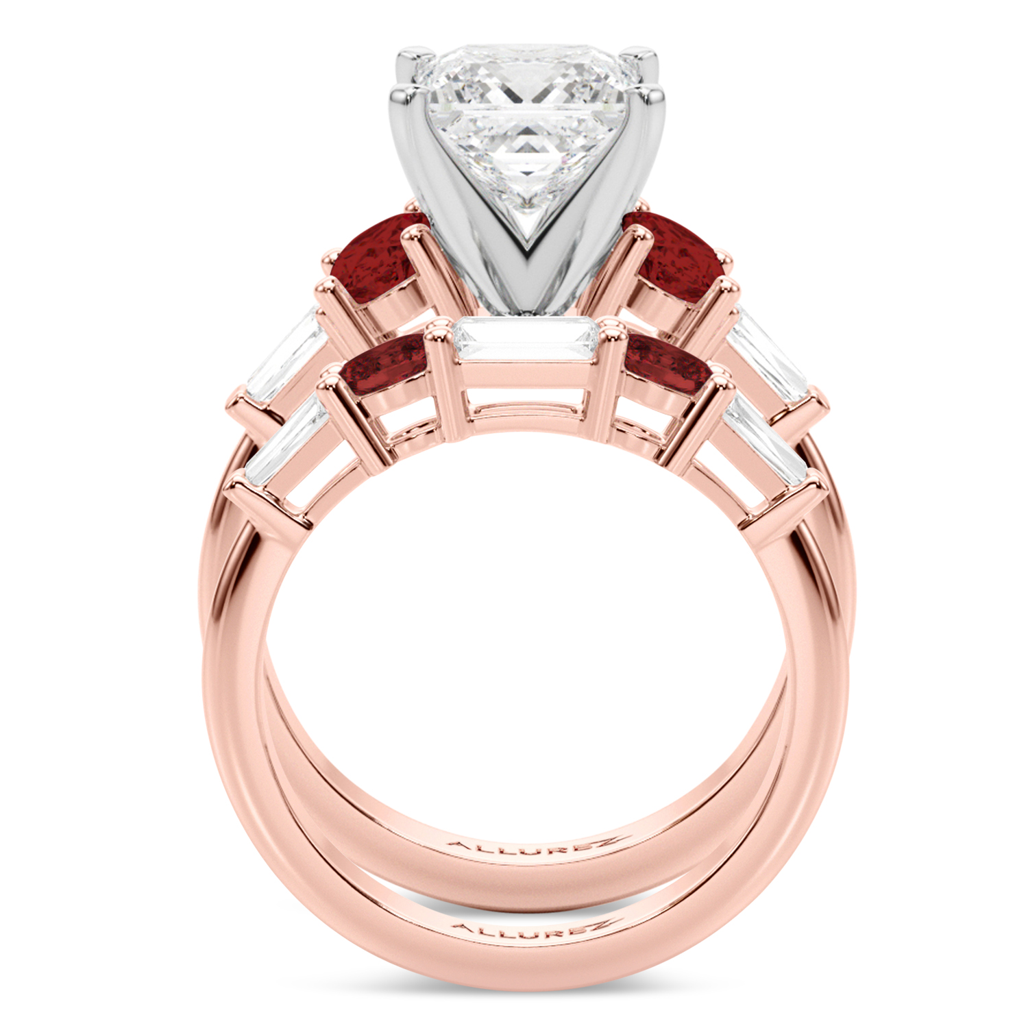 Princess Cut Lab Grown Diamond & Oval Garnet Bridal Set 18K Rose Gold (4.97ct)