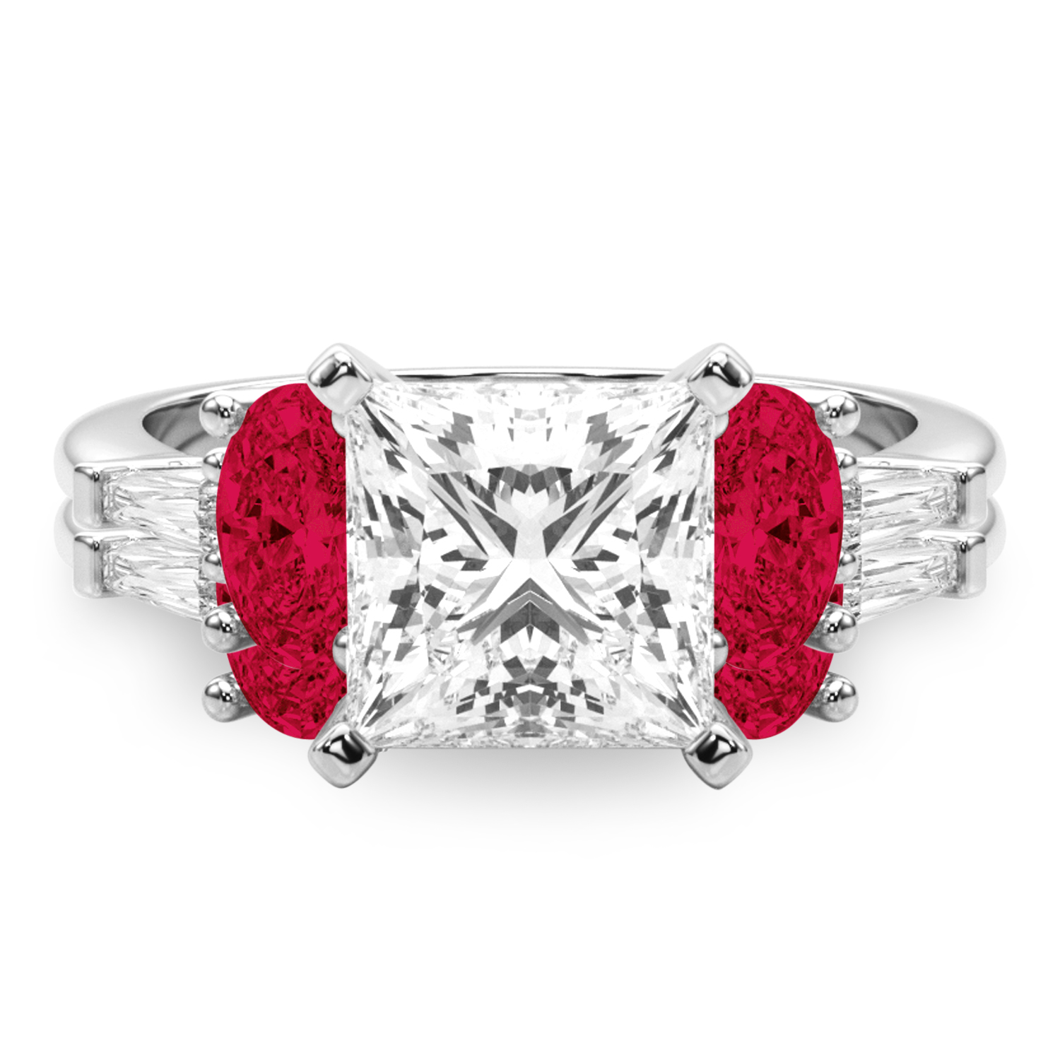 Princess Cut Lab Grown Diamond & Oval Ruby Bridal Set 14K White Gold (5.09ct)