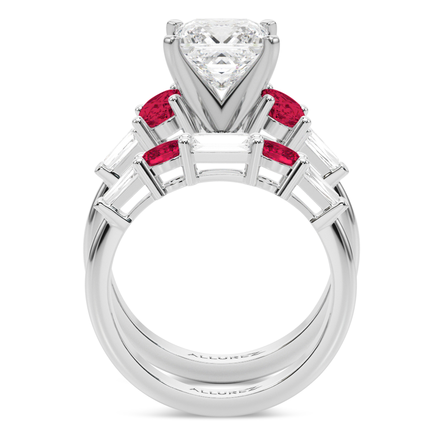 Princess Cut Lab Grown Diamond & Oval Ruby Bridal Set 14K White Gold (5.09ct)