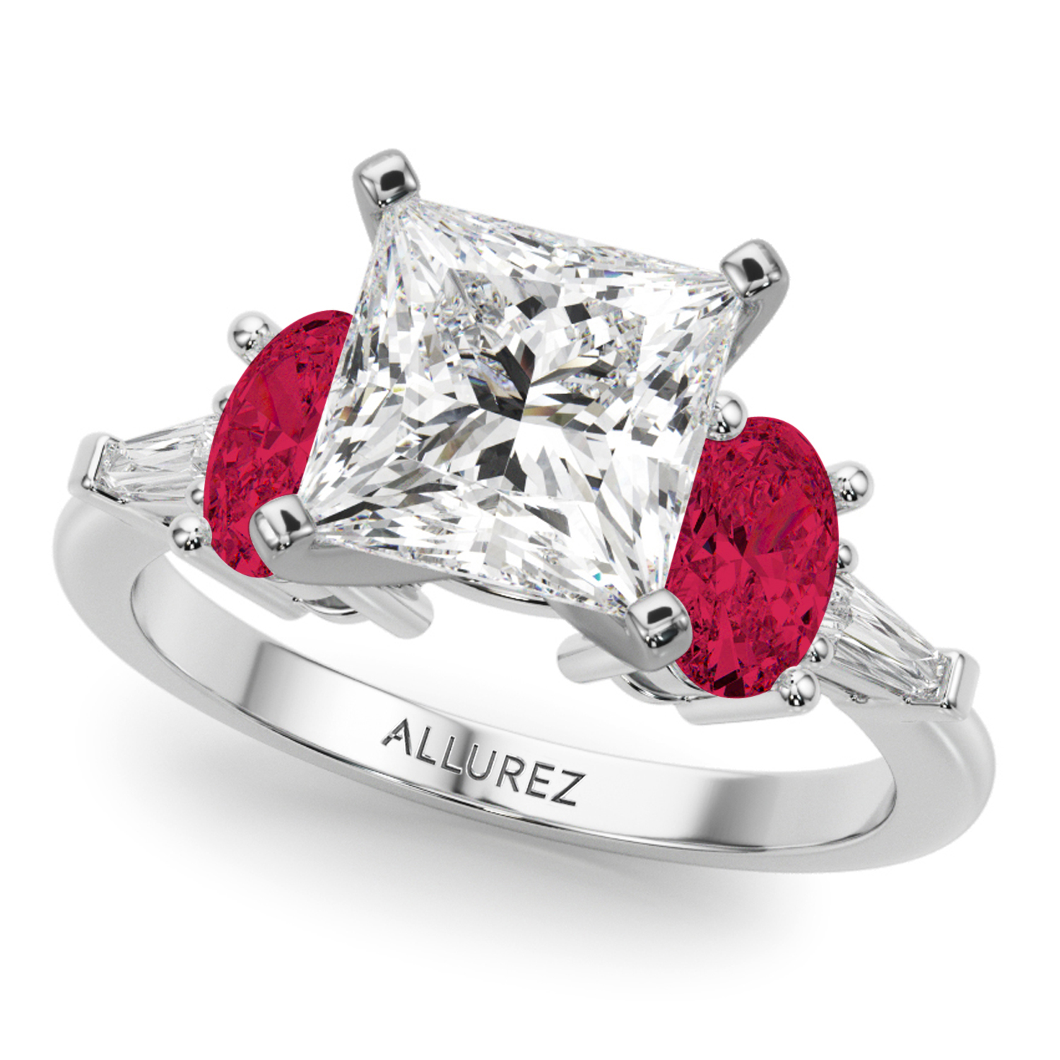Princess Cut Lab Grown Diamond & Oval Ruby Bridal Set 14K White Gold (5.09ct)