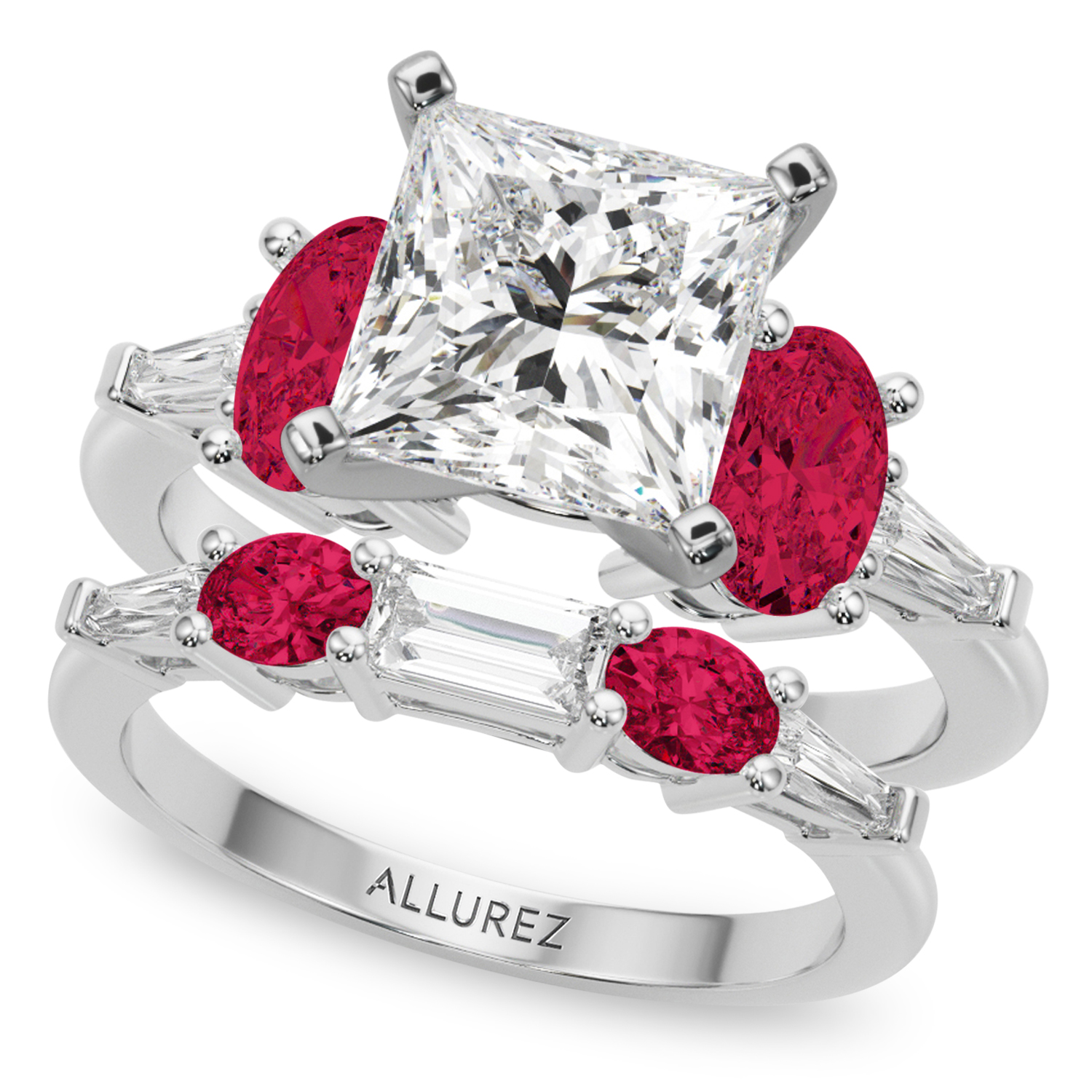 Princess Cut Lab Grown Diamond & Oval Ruby Bridal Set 18K White Gold (5.09ct)