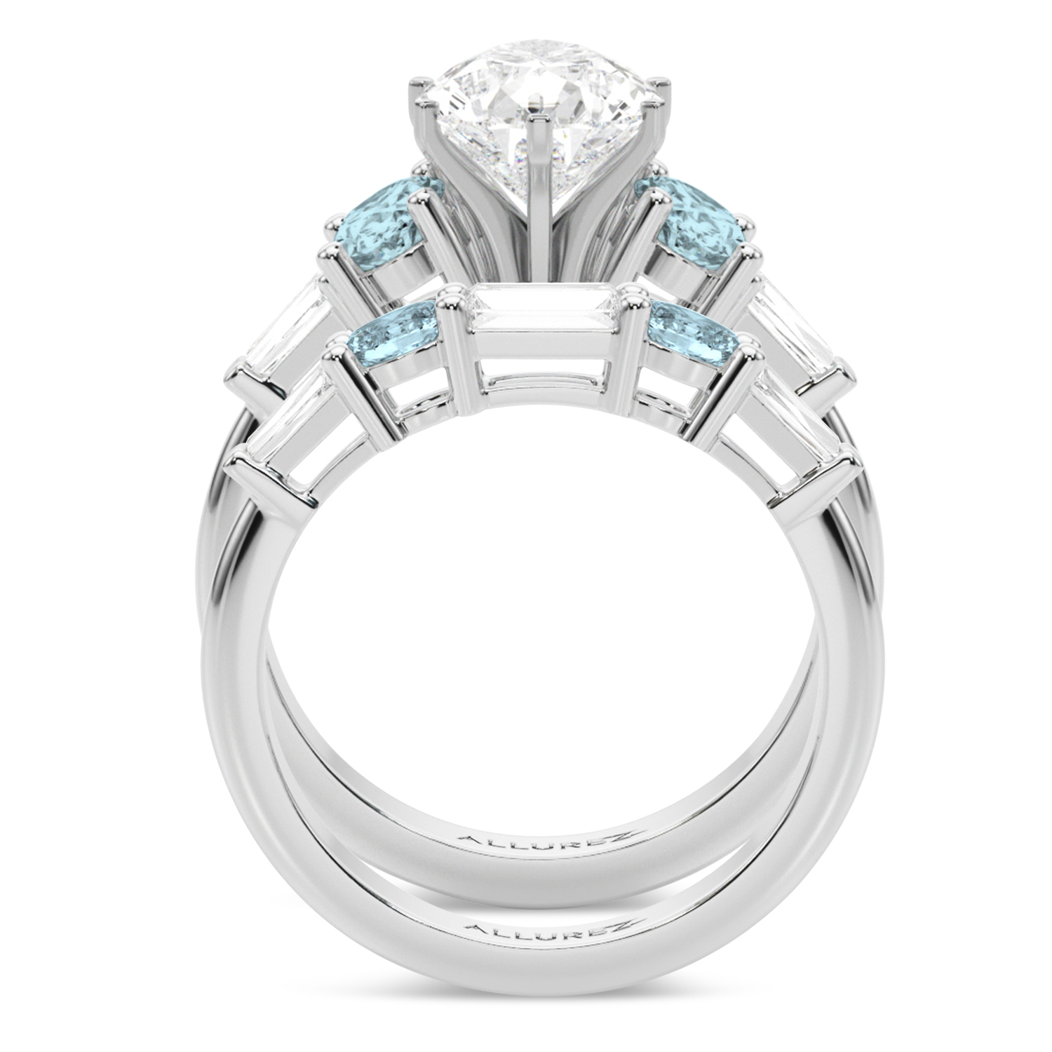 Pear Lab Grown Diamond & Oval Aquamarine Bridal Set 14K White Gold (4.65ct)