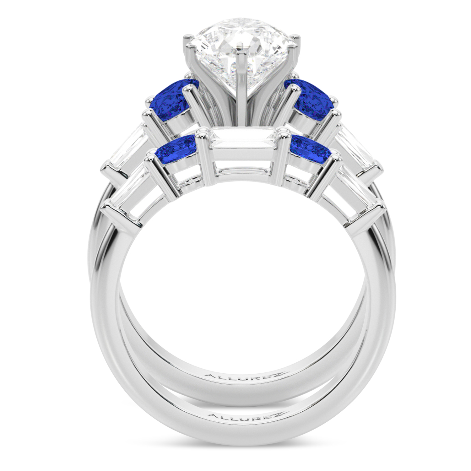 Pear Lab Grown Diamond & Oval Blue Sapphire Bridal Set 14K White Gold (5.17ct)