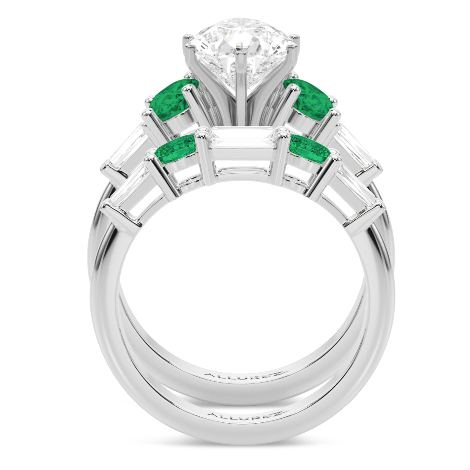 Pear Lab Grown Diamond & Oval Emerald Bridal Set 14K White Gold (4.65ct)