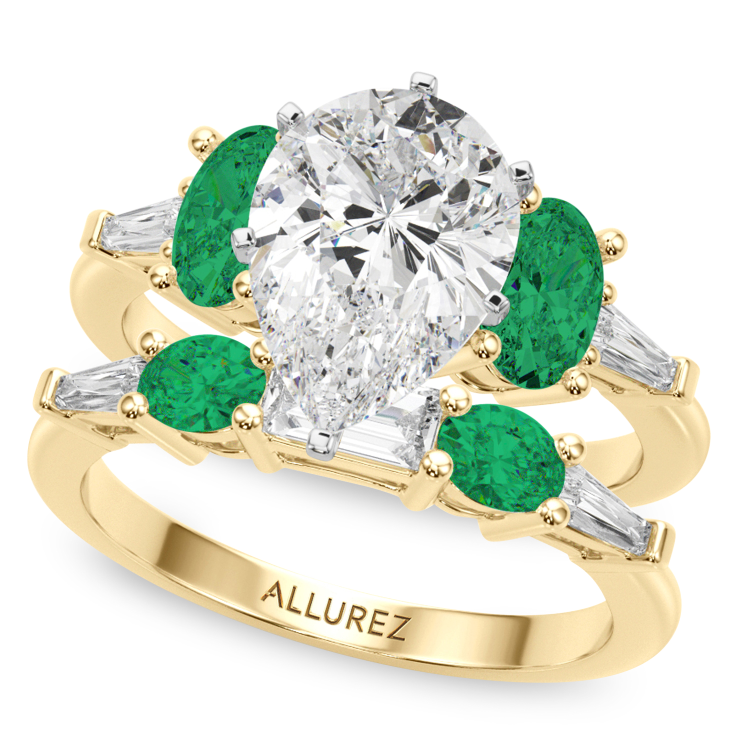 Pear Lab Grown Diamond & Oval Emerald Bridal Set 18K Yellow Gold (4.65ct)