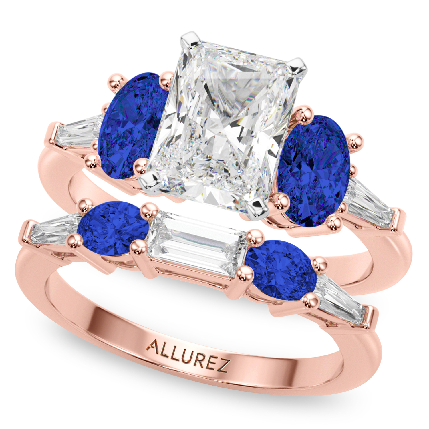 Radiant Lab Grown Diamond & Oval Blue Sapphire Bridal Set 14K Rose Gold (5.17ct)