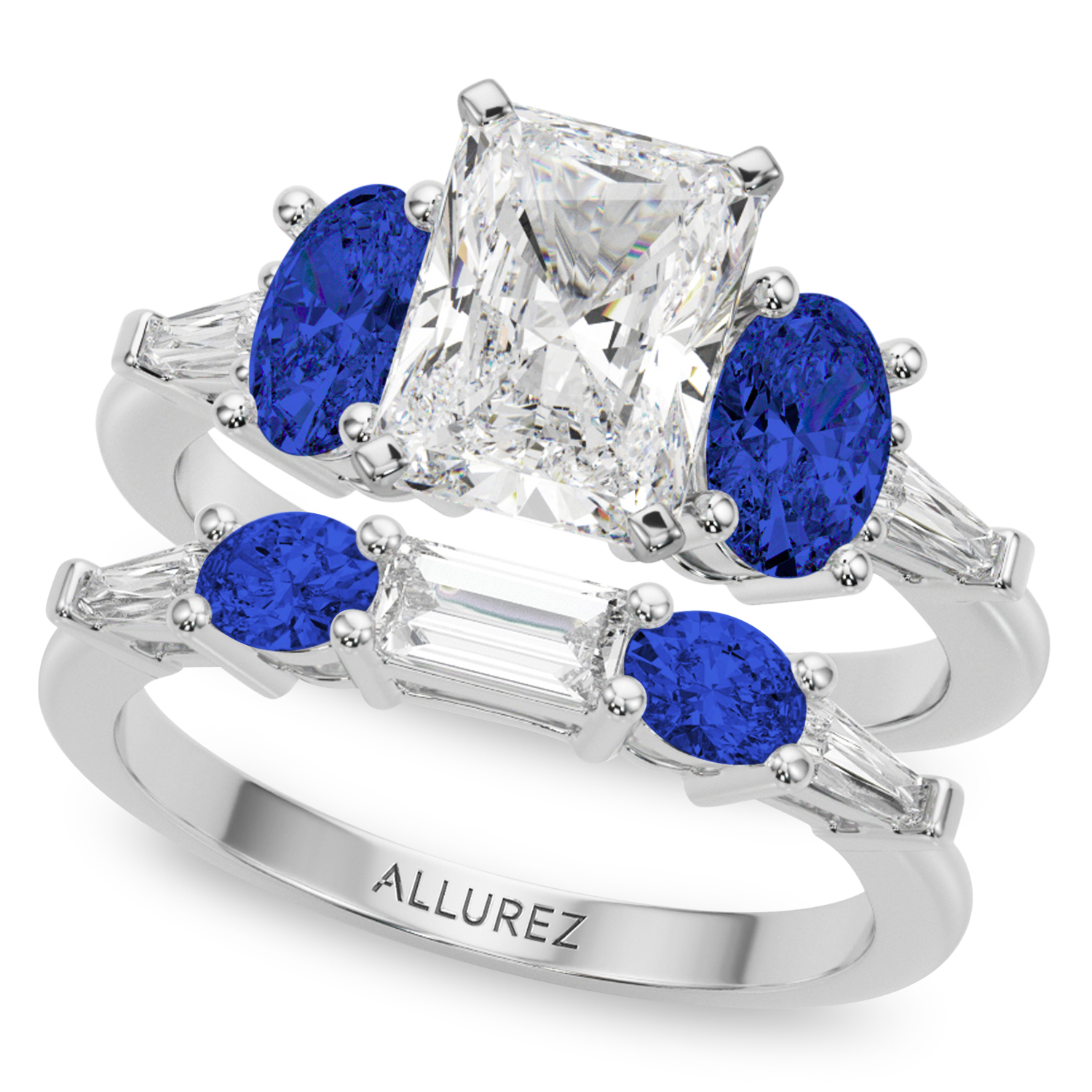 Radiant Lab Grown Diamond & Oval Blue Sapphire Bridal Set in Palladium (5.17ct)