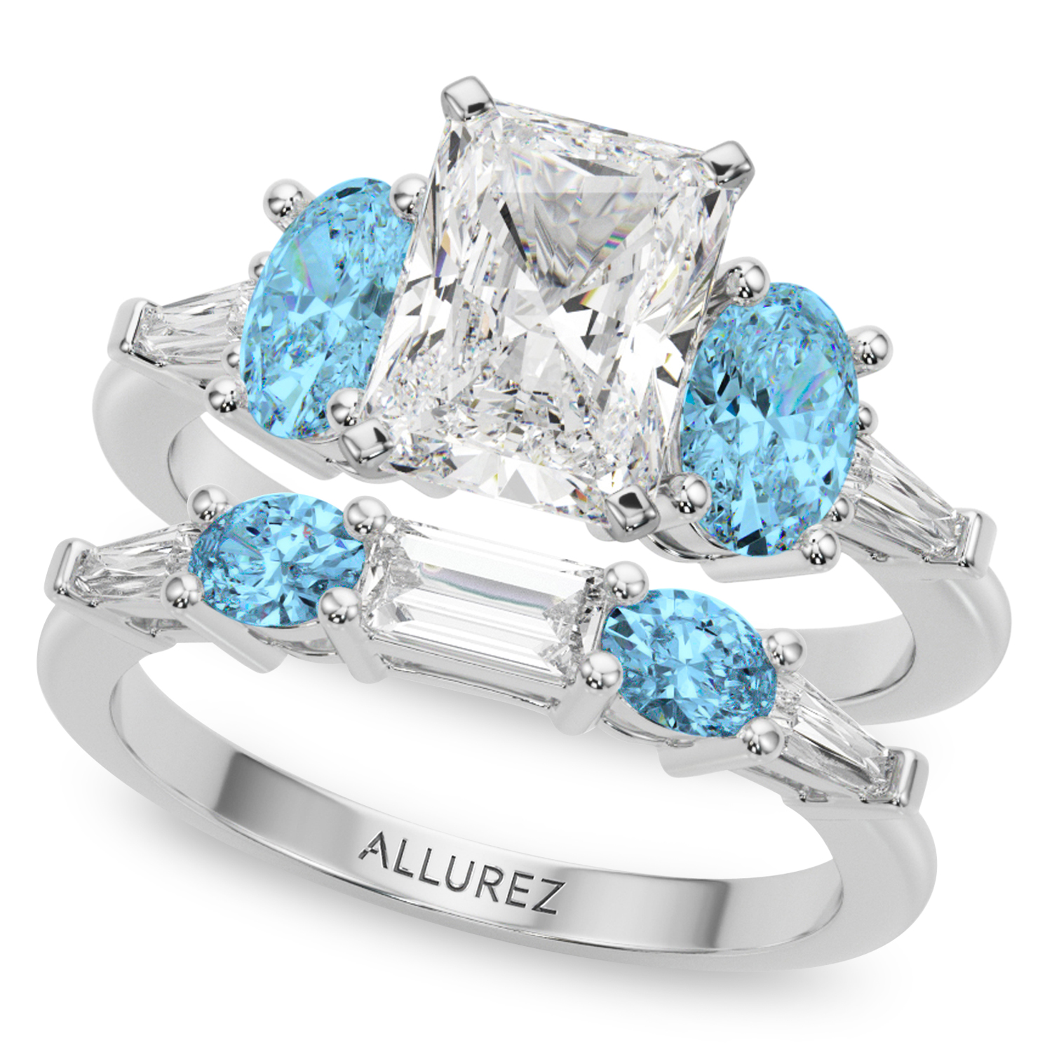 Radiant Lab Grown Diamond & Oval Blue Topaz Bridal Set in Palladium (4.97ct)
