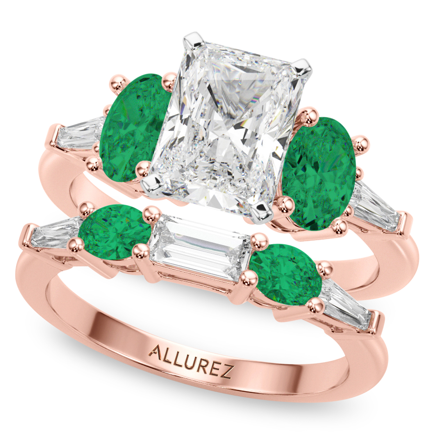 Radiant Lab Grown Diamond & Oval Emerald Bridal Set 18K Rose Gold (4.65ct)