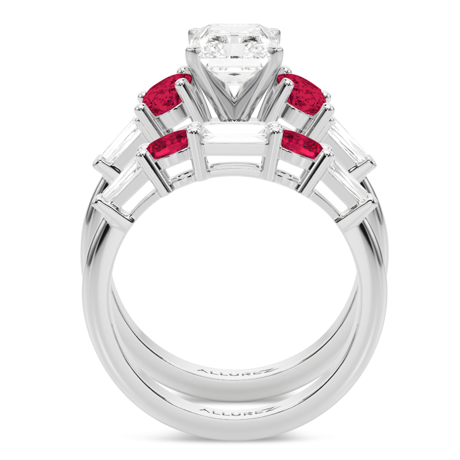 Radiant Lab Grown Diamond & Oval Ruby Bridal Set 14K White Gold (5.09ct)
