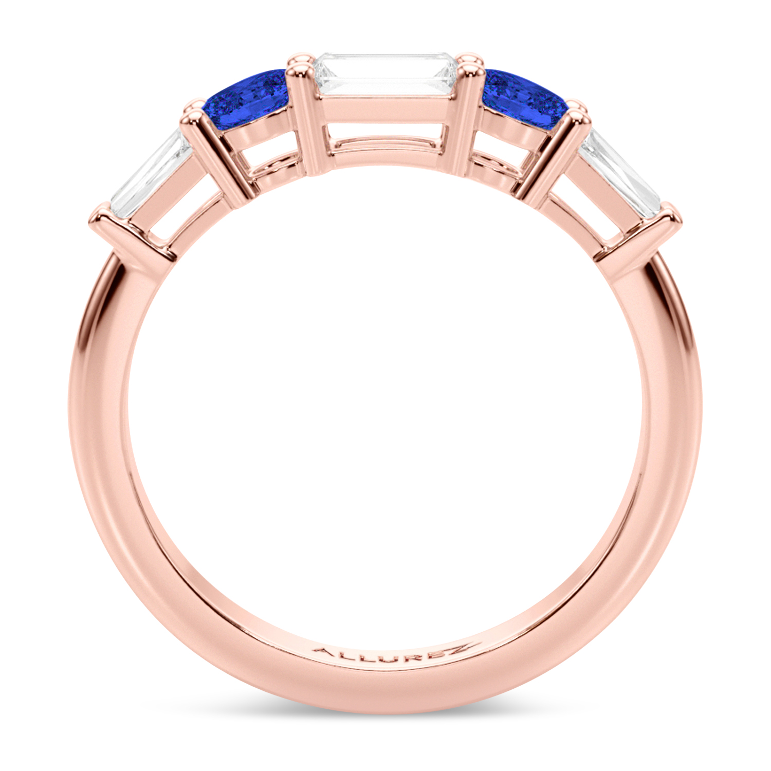 Baguette Lab Grown Diamond & Oval Blue Sapphire Wedding Ring Band 14K Rose Gold (0.85ct)