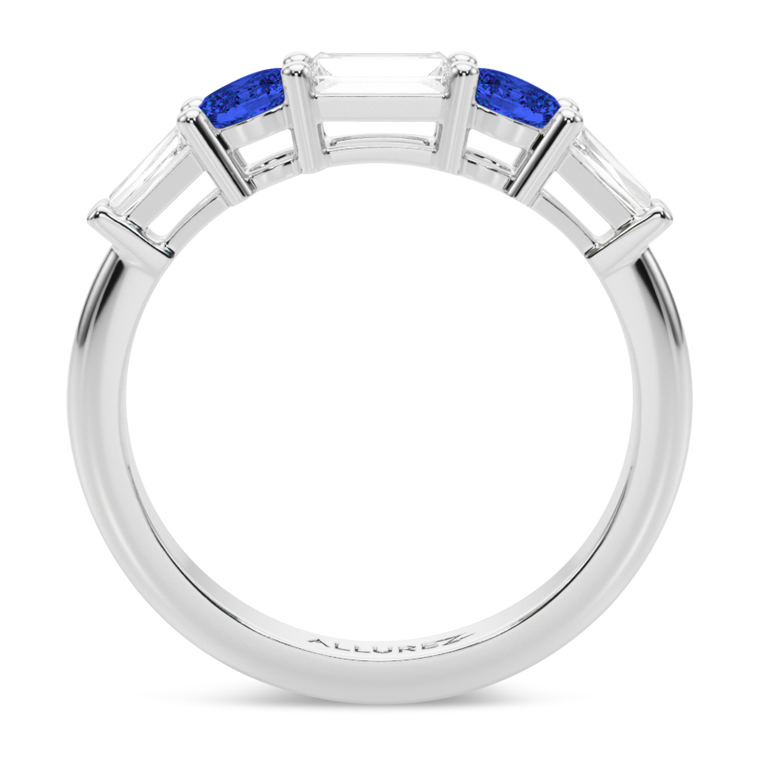 Baguette Lab Grown Diamond & Oval Blue Sapphire Wedding Ring Band 18K White Gold (0.85ct)