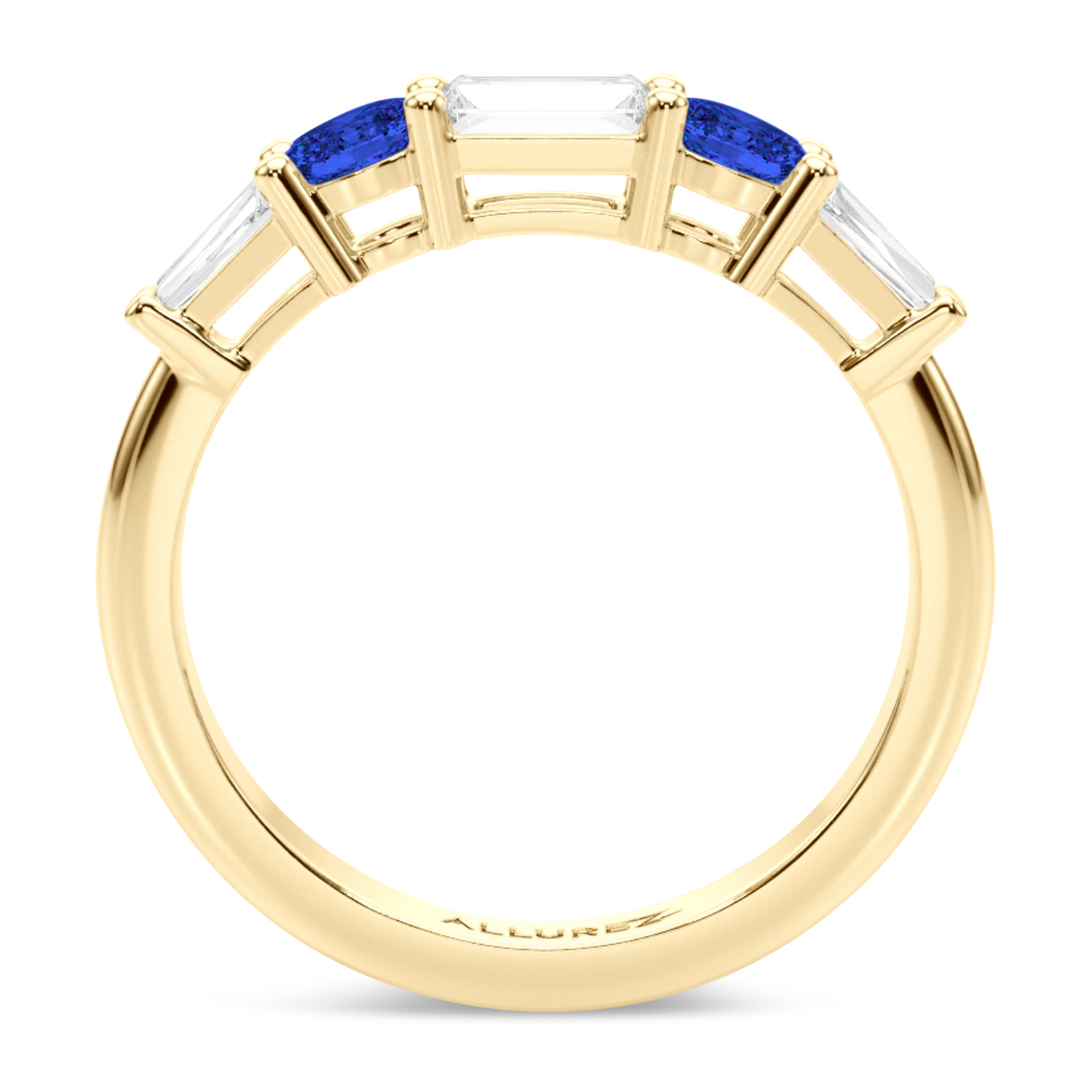 Baguette Lab Grown Diamond & Oval Blue Sapphire Wedding Ring Band 18K Yellow Gold (0.85ct)