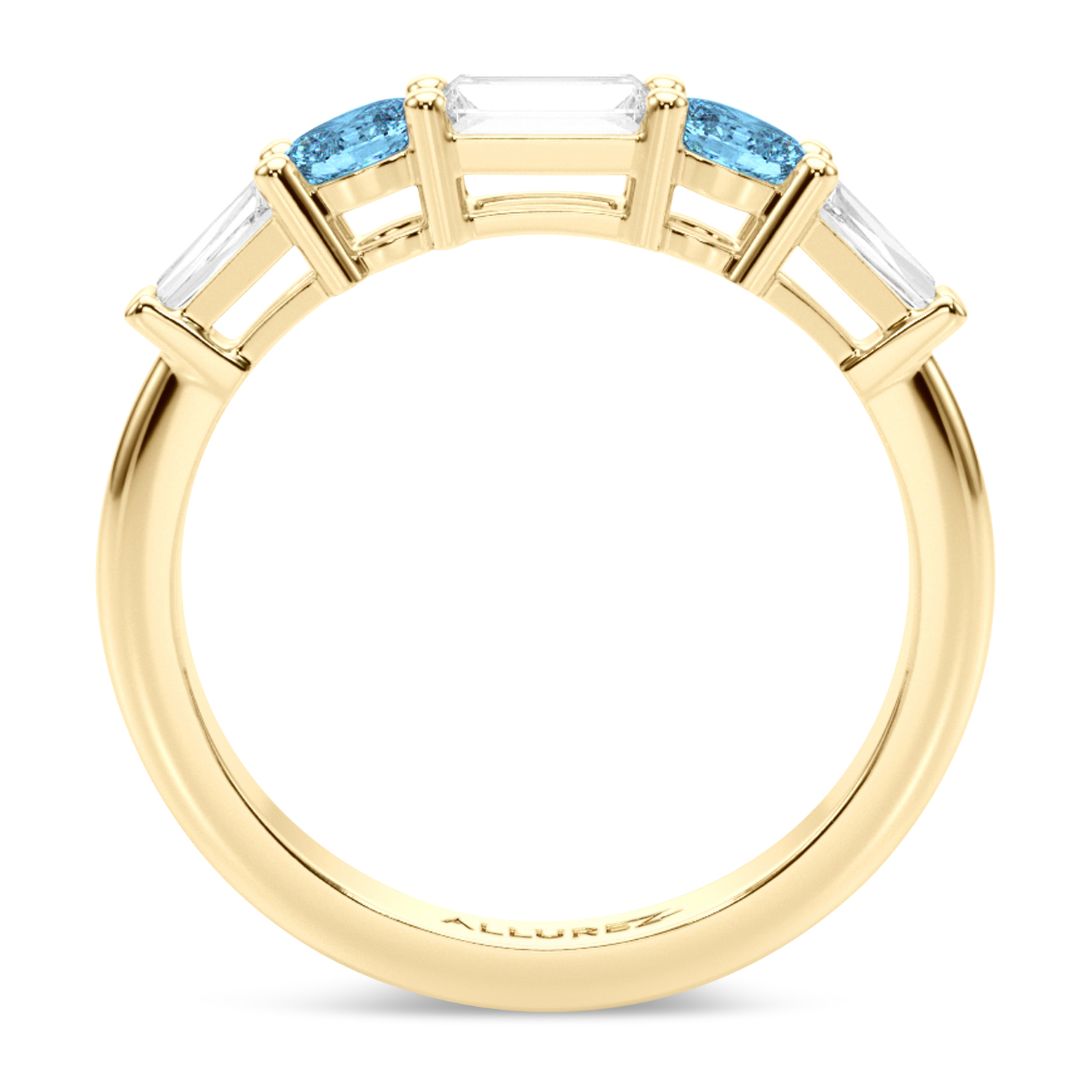 Baguette Lab Grown Diamond & Oval Blue Topaz Wedding Ring Band 18K Yellow Gold (0.79ct)