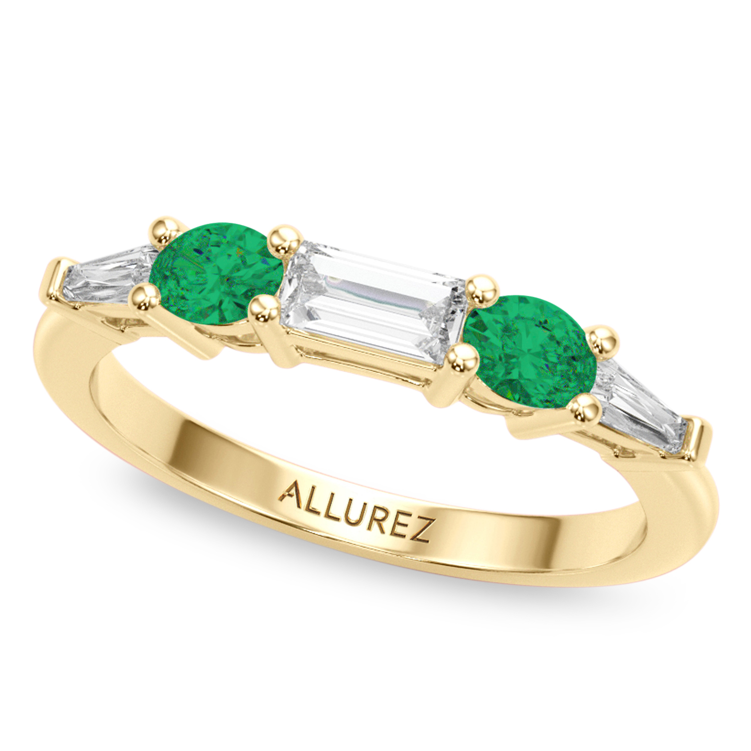 Baguette Lab Grown Diamond & Oval Emerald Wedding Ring Band 18K Yellow Gold (0.67ct)