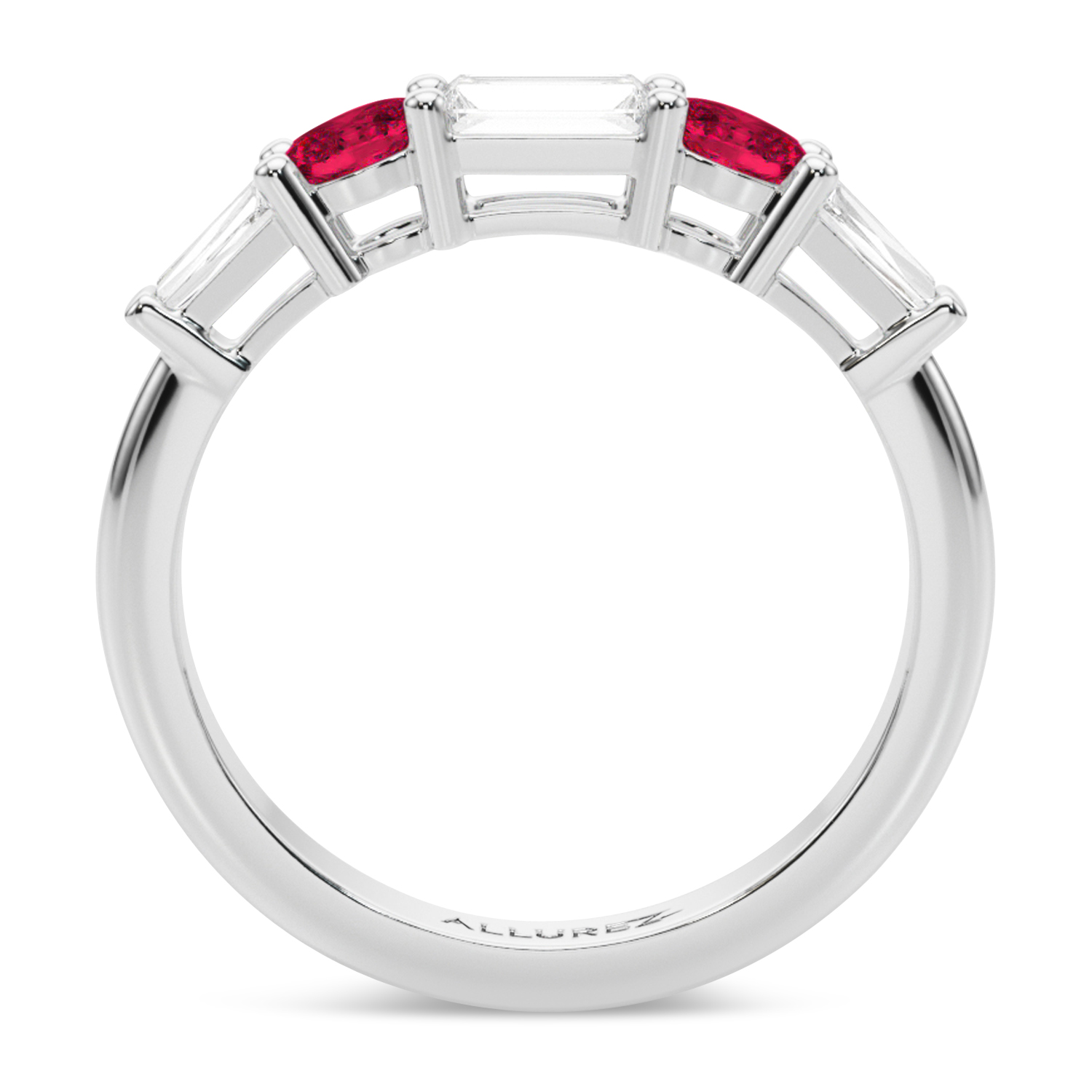 Baguette Lab Grown Diamond & Oval Ruby Wedding Ring Band 14K White Gold (0.85ct)