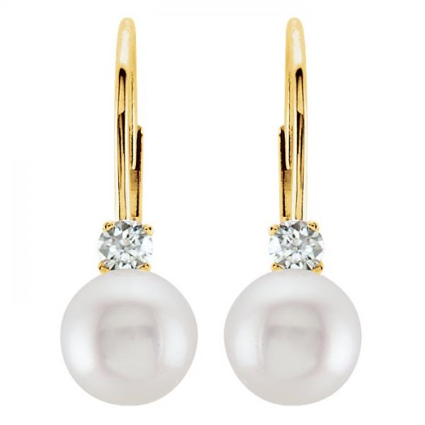 Cultured Akoya Pearl & Diamond Earrings Leverbacks 14K Yellow Gold