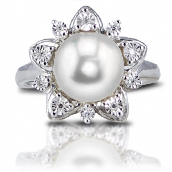 Diamond Accented Freshwater Pearl Flower Ring Sterling Silver 99.5mm