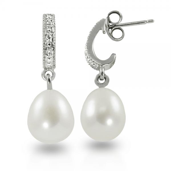Diamond Accented Freshwater Pearl Drop Earrings Sterling Silver 89mm