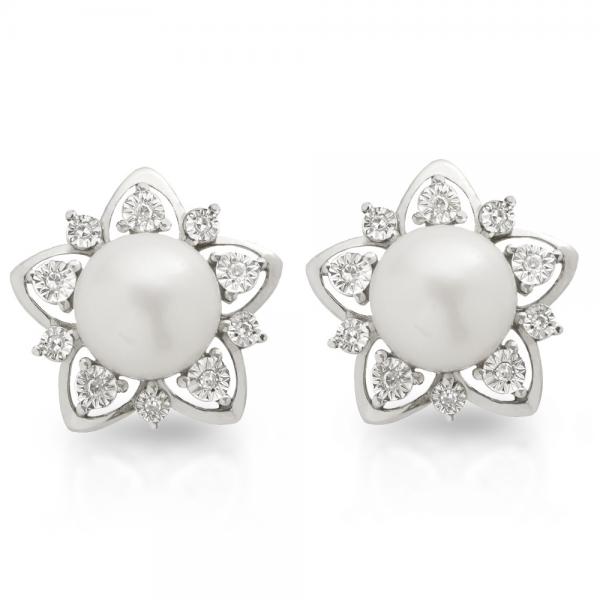 Freshwater Pearl & Diamond Flower Shape Studs Sterling Silver 9-9.5mm