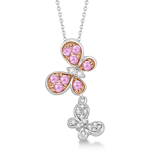 Pink Sapphire and Diamond Butterfly Necklace 14k White Gold (0.39ct)