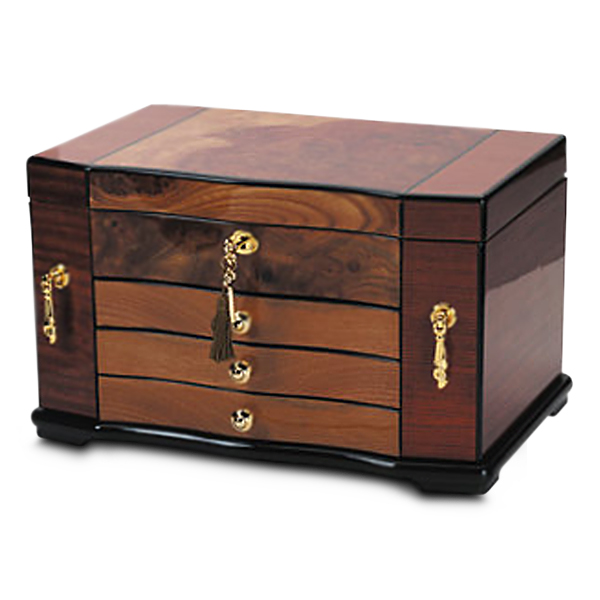 Polished Bubinga Veneer Jewelry Chest for Women w/ Brass Lock & Key