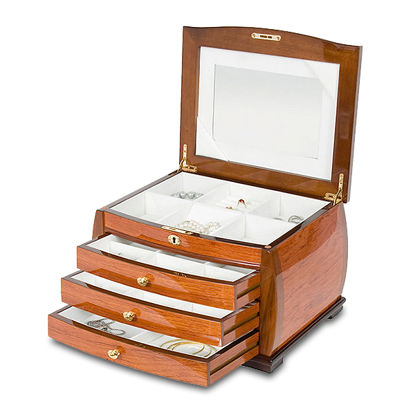 Bubinga Wood and Walnut Locked Jewelry Chest with Stenciled Top